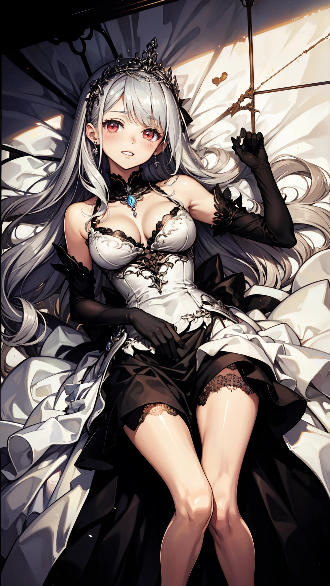Queen, Arrogant, Tsundere, black knee length wedding dress ,There's something sprinkled on it , black heels , Black wedding headband , Silver Hair, red eyes, Girlish feeling , Lace gloves, Ripped Clothes , laugh at , whole body, lying on the table, Black Crown , earring, ring, cream