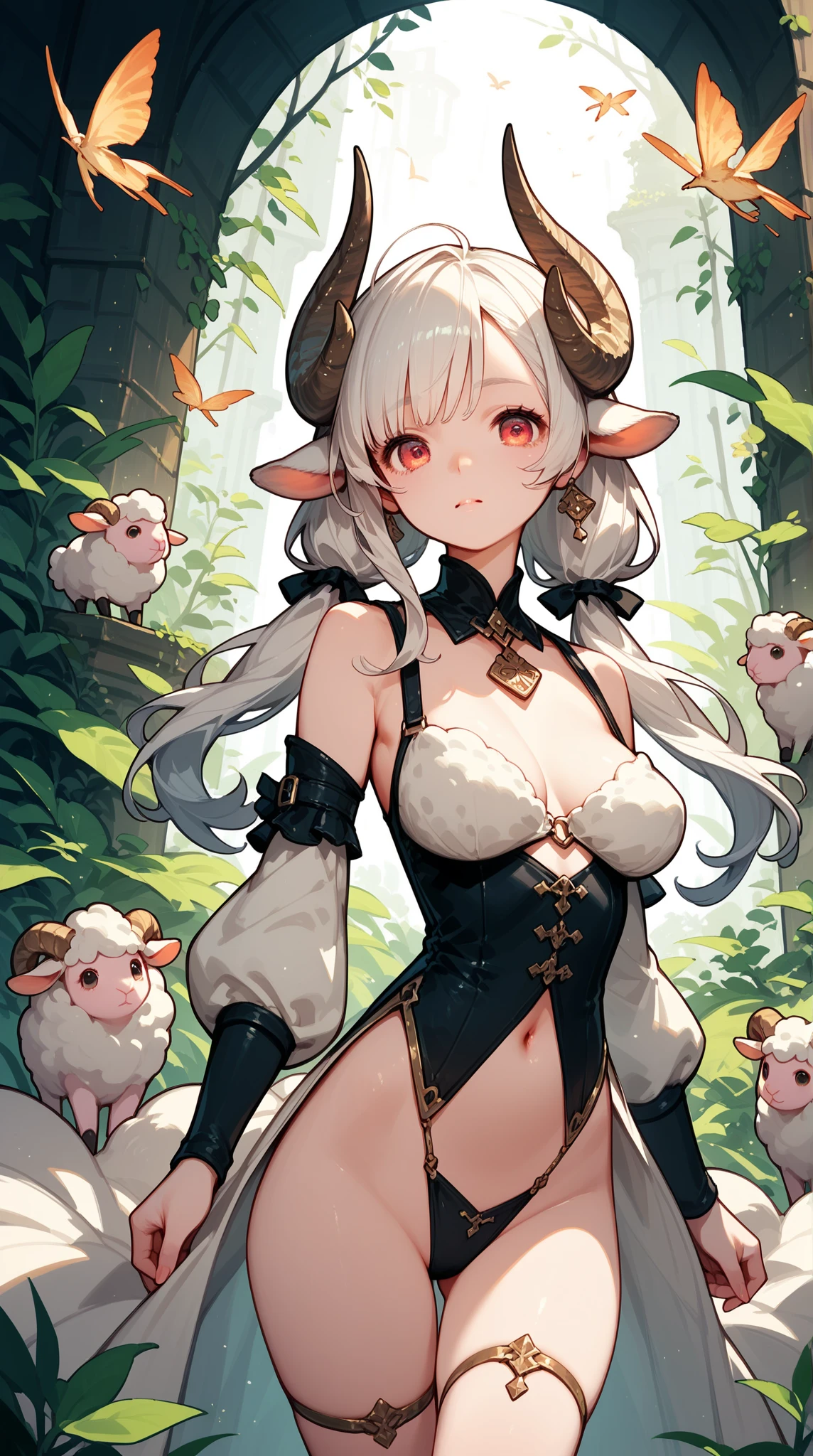 A naked girl with a goat's head, black hair on the lower half of her body, and hooves on her feet,Extremely thin body,Small breasts,Beautiful nipples,Crouching pose,Very long arms,Long, pointed claws