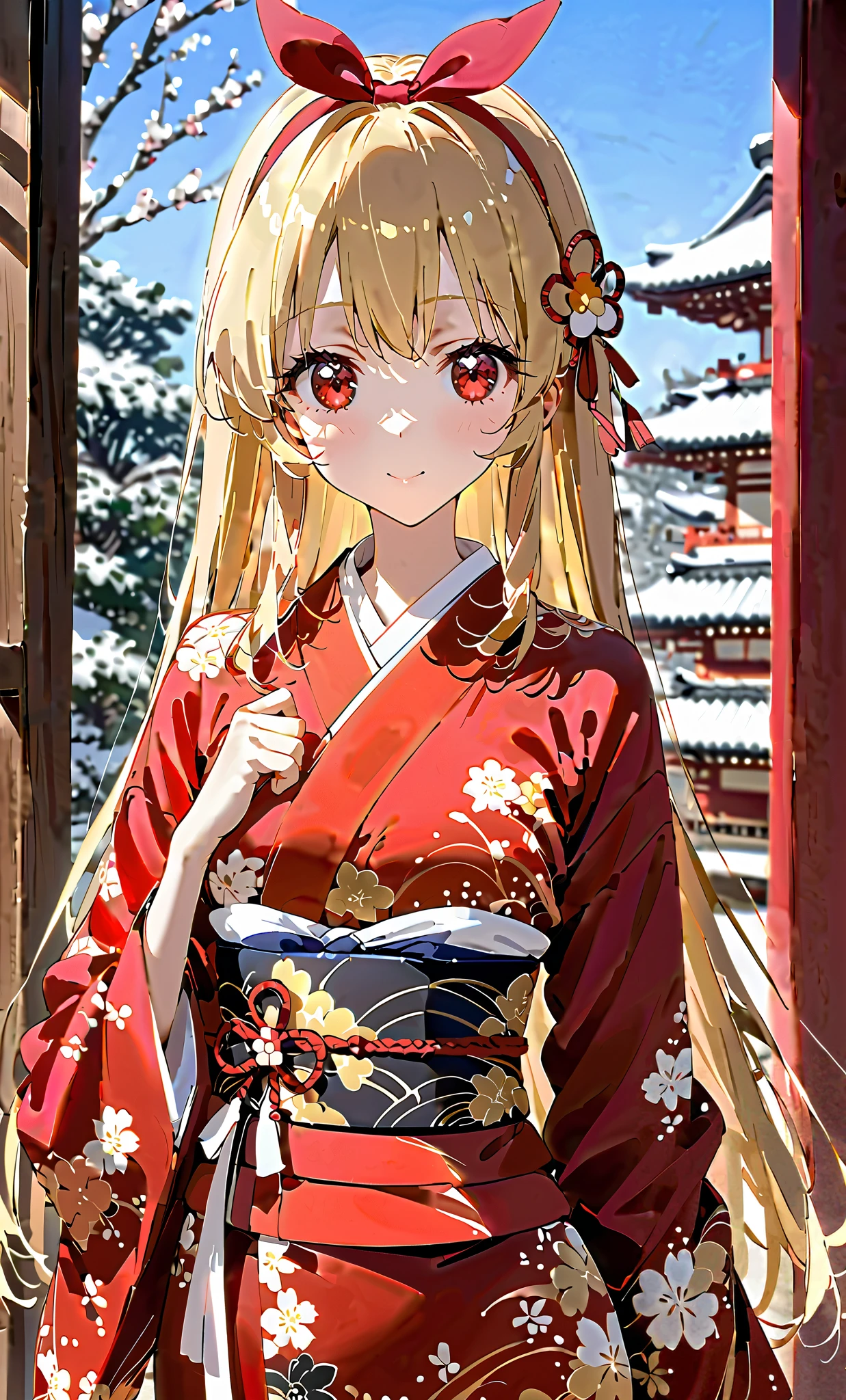 sfw, (red ribbon on hairband: 1.2), girl in a very beautiful red kimono, red kimono, gorgeous obi, clothes, small breasts, New Year's, blonde hair, red eyes, red jeweled ribbon, best shot, from the chest Up, line of sight, Ichigo Hoshimiya, NO nude: 2.2,