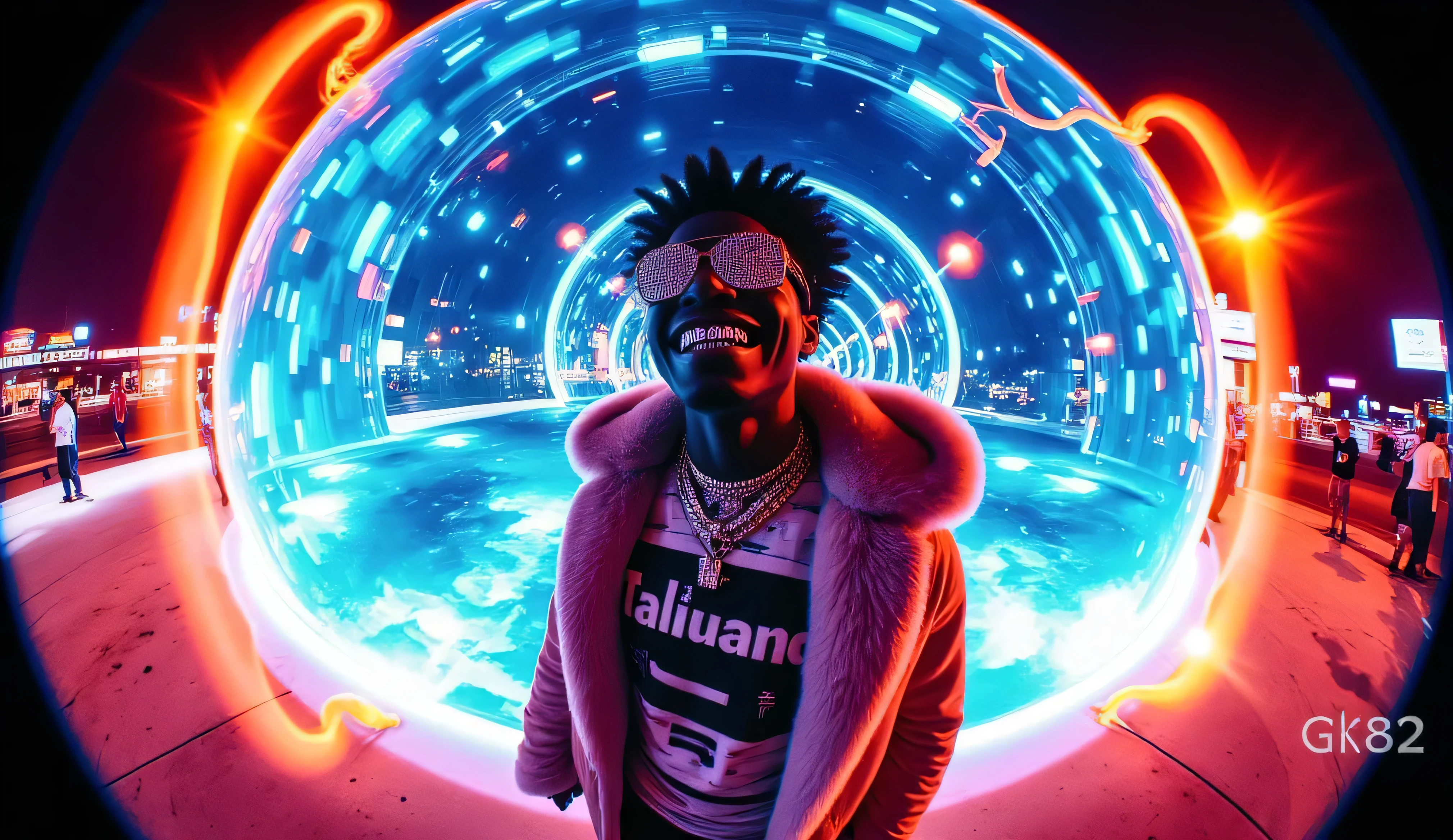 gr!llz, in the style of Jed-clrfl , Ebony character in side pose rapper stance::8.2 enveloped in intense thick colored energy.The character has luminous peacock color skin, wearing a fur bubble jacket with shirt underneath with bold text that says "Talijuano", bold gold chain aesthetic_pos3, Their face is obscured by the overwhelming thick glow::7.2 , large anime energy aura size 6 inches from body emphasizing the sheer power they are unleashing::6.4 .smiling into the camera, fish eye lens realistic photograph with a wide smile, its teeth are encrusted with shiny platinum diamonds.