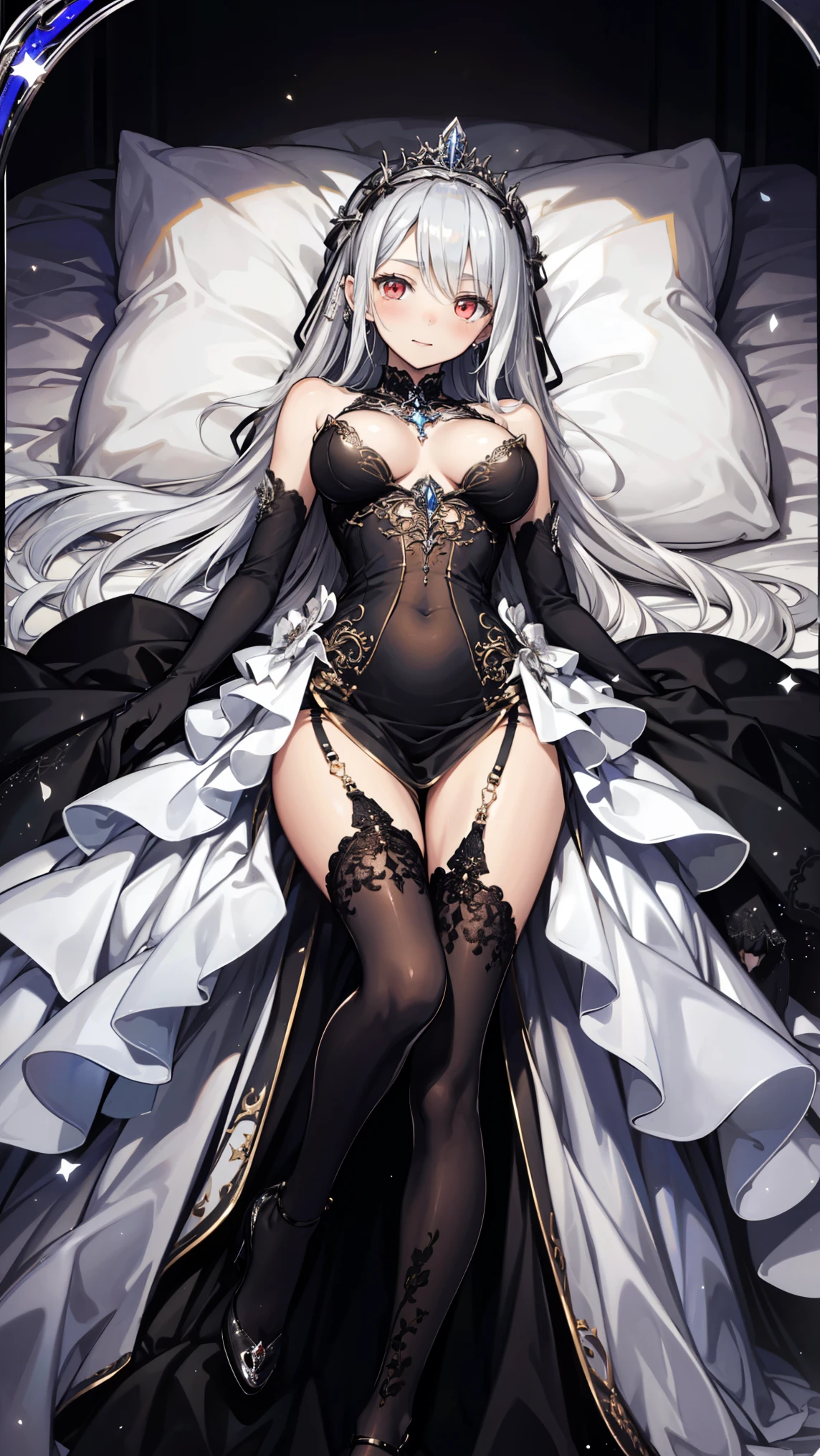 (Landscape photo, with a woman in the bottom right of photo:1.5, in white garden:1.5), Masterpiece, best quality, (very detailed CG unity 8k wallpaper), (best quality), High definition RAW color art, Animation,sculptures, (black Marble Skin), (((Ultra detailed elegant))), Magical atmosphere, Detailed skin, Texture,(Intricately detailed, Fine detail, ultra-detail art), depth of fields, Bokeh, Silky Touch, Hyper Detail, beautiful eyes, elegant face, (lying on floor), sparkle background, enormous breast:1.3, lingerie, (silver hair), pure white, Armpit, muscle, embarrassing face