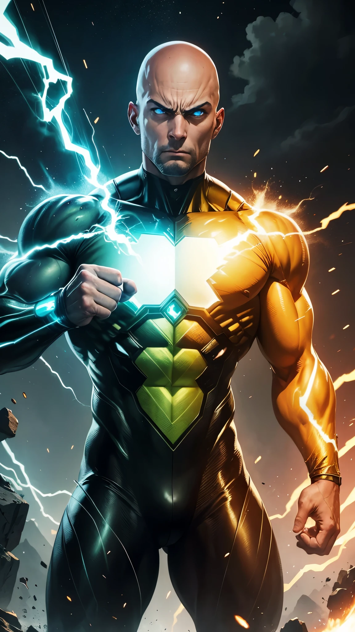 A hyper-realistic, cinematic depiction of a bald superhero (inspired by One Punch Man) in a dynamic action pose. His clenched fist glows with immense power as he prepares a devastating punch. His intense eyes reflect his unstoppable strength. Bright orange, blue, and green energy surges crackle around him, distorting the air. His yellow battle suit is slightly tattered, revealing his muscular physique. The ground beneath him shatters from his power-up, with debris and dust flying. Dramatic backl