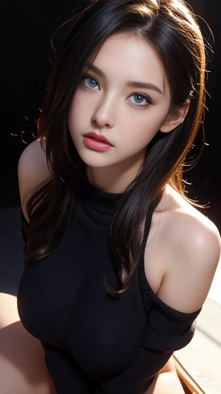 Ultra-high resolution, masterpiece, best quality, Perfect glowing skin, Perfect lighting, Detailed lighting, dramatic shadows, Ray Tracing, Black Sweater, Looking at the audience, Off-shoulder, Large Breasts, Cleavage暴露, (Huge sagging breasts、Cleavage,)),cleveage、, Thick thighs,Perfect body blue eyes, National Foundation, ((Dark background)), Sexy face, Facial expressions of happiness, Open Mouse,