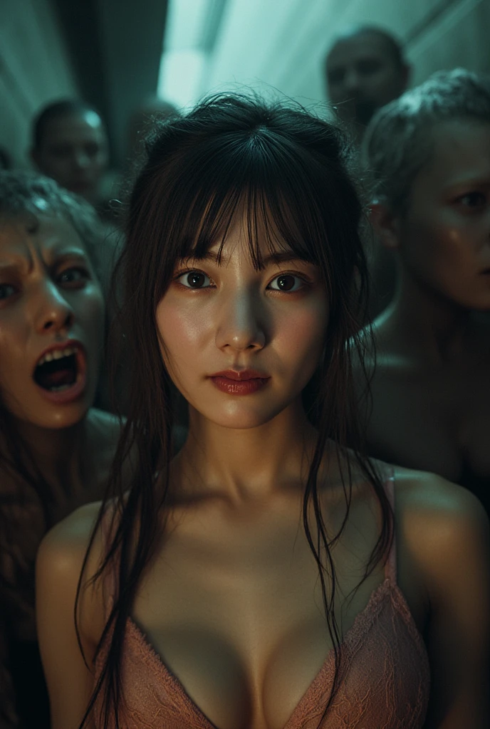 (32K:1.9, Horror expression:1.9, Highest quality, masterpiece, Ultra-high resolution), Perfect dynamic composition, Highly detailed skin and facial textures:1.3, Detailed eyes, Detailed limbs, (The Darkest Dungeon:1.3), Light brown leather outfit:1.6, Cute sexy slim Japanese woman:1.2, Fair skin, Tilt your head, (5 Zombies:1.8, Crazy behavior:1.7, Zombie touching a woman:1.9, Raindrops falling from the ceiling:1.5), (Her huge breasts are about to burst., ?????? is not visible, Big cleavage), (A look of despair:1.3, Expression of despair:1.3, Totally captivates you), Beautiful Blue Eyes, Beautiful erotic eyes, Sexy Face, blush, Beautiful sensual atmosphere, Professional random camera work, ((Bloody:1.9, Covered in scars:1.9, Bruises on the face:1.9, Covered in bruises:1.9, Lots of big chains:1.8, Countless chains tangled in clothes:1.8, Chain your right arm:1.8, Chain the left arm:1.8, The right leg is bound with a shackle and chain:1.8, The left leg is bound with a shackle and chain:1.8)), ((The endless chains invade:1.8)), (Too erotic)