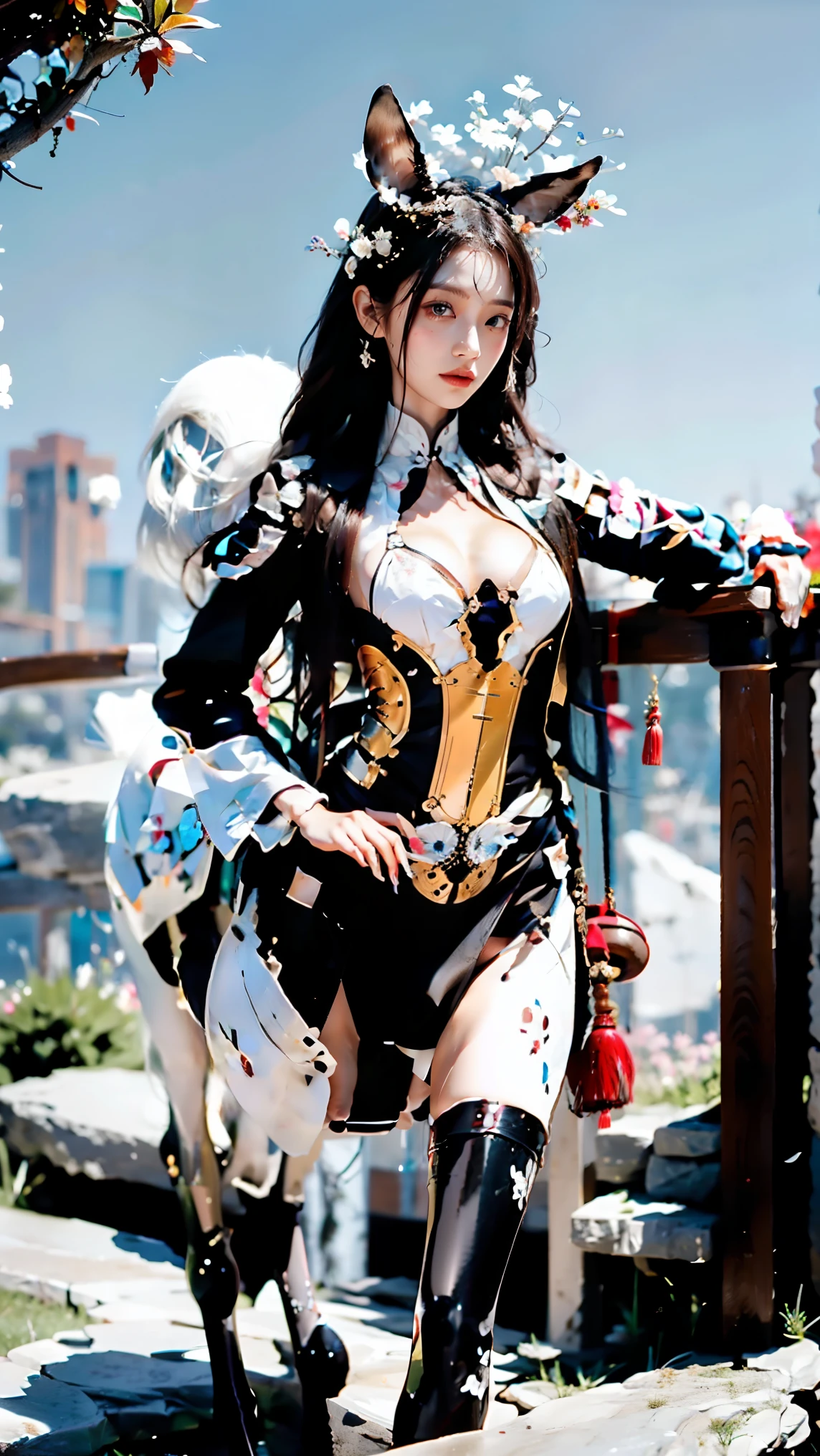 An Indonesian-styled futuristic suit worn by a girl depicting cultural fusion and modern fashion. The suit is adorned with intricate patterns and vibrant colors, showcasing the rich heritage of Indonesia. The girl stands confidently in a dynamic pose, with her detailed eyes reflecting determination and curiosity. The suit's material is a combination of traditional textiles and futuristic synthetic fabrics, giving it a unique and avant-garde appearance. The overall image quality is of the highest standard, with sharp focus and ultra-detailed rendering. The artwork employs physically-based rendering techniques, resulting in realistic lighting and shadows. The colors are vivid and vibrant, capturing the essence of Indonesian cultural aesthetics. The background features a fusion of modern architecture and traditional elements, creating a harmonious blend of the past and the future. The prompt explores the intersection of Indonesian culture, futuristic design, and the artistic representation of a confident girl.