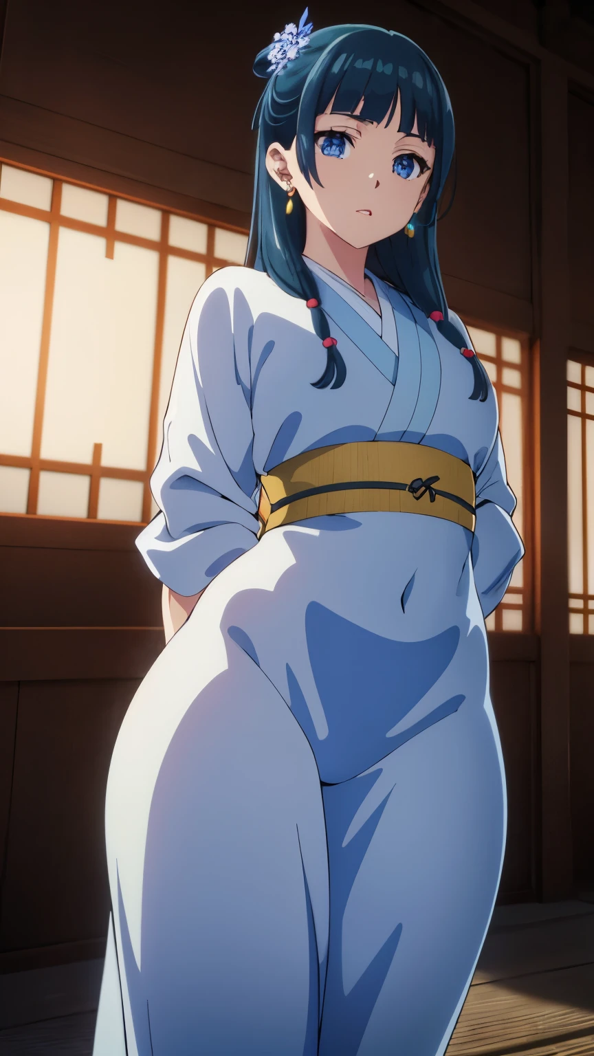 Top quality (8k, high resolution, masterpiece: 1.2), ((Goddess of beauty)), PERFECT FIGURE, super detailed, anime art style, dynamic angle, photo from behind, (BEAUTIFUL YUKATA), detailed hair, detailed blue eyes, intricate hairstyle, long hair , slim body, sparkling eyes, youthful, hair accessories, earrings, detailed lighting, bright colors, looking at the viewer, ((PERFECT HIPS))