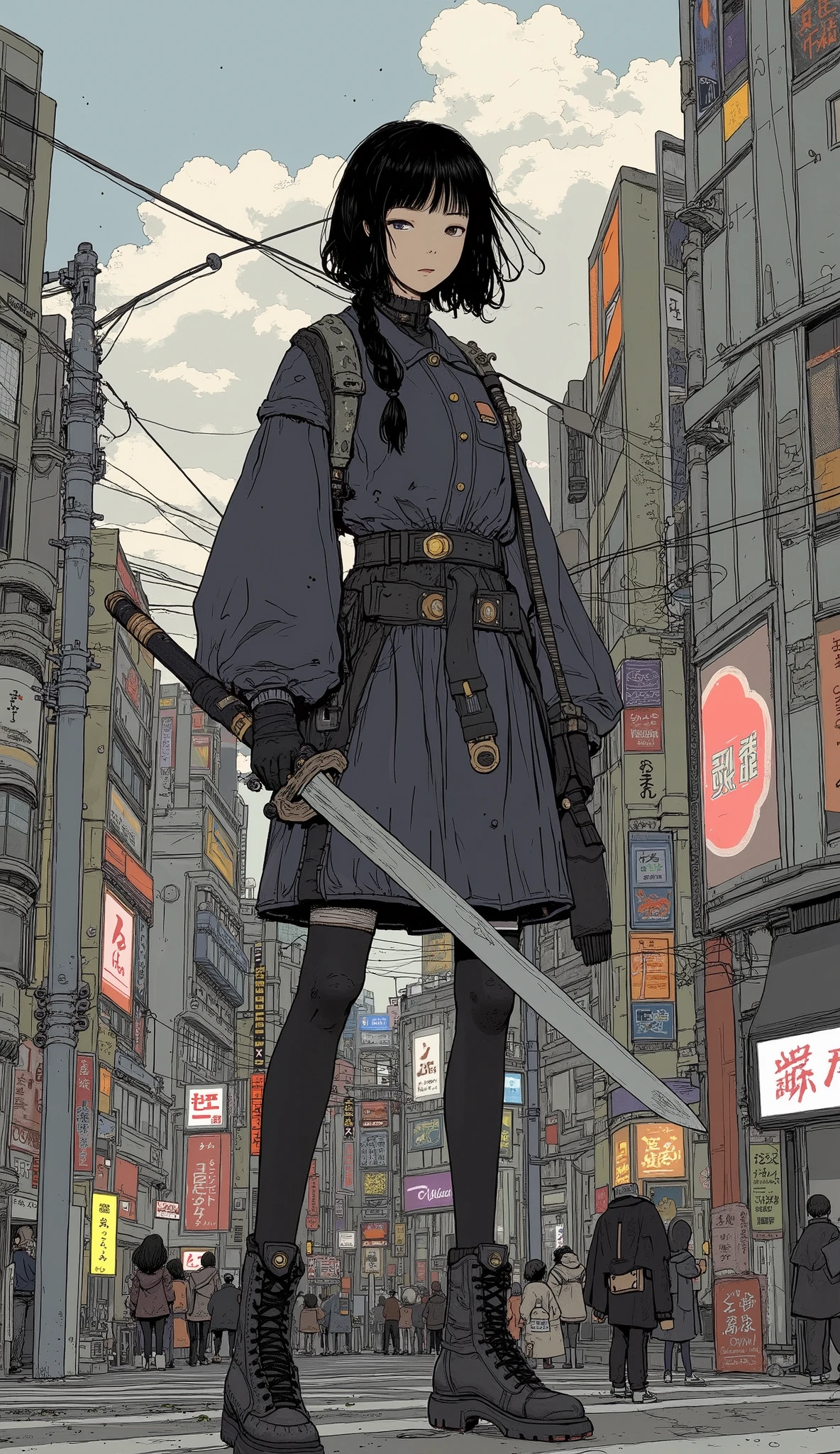 A high school girl holds a Japanese sword、Shibuya、cloudy、 black hair、 shortcuts、 Japanese、Genuine、 photos、