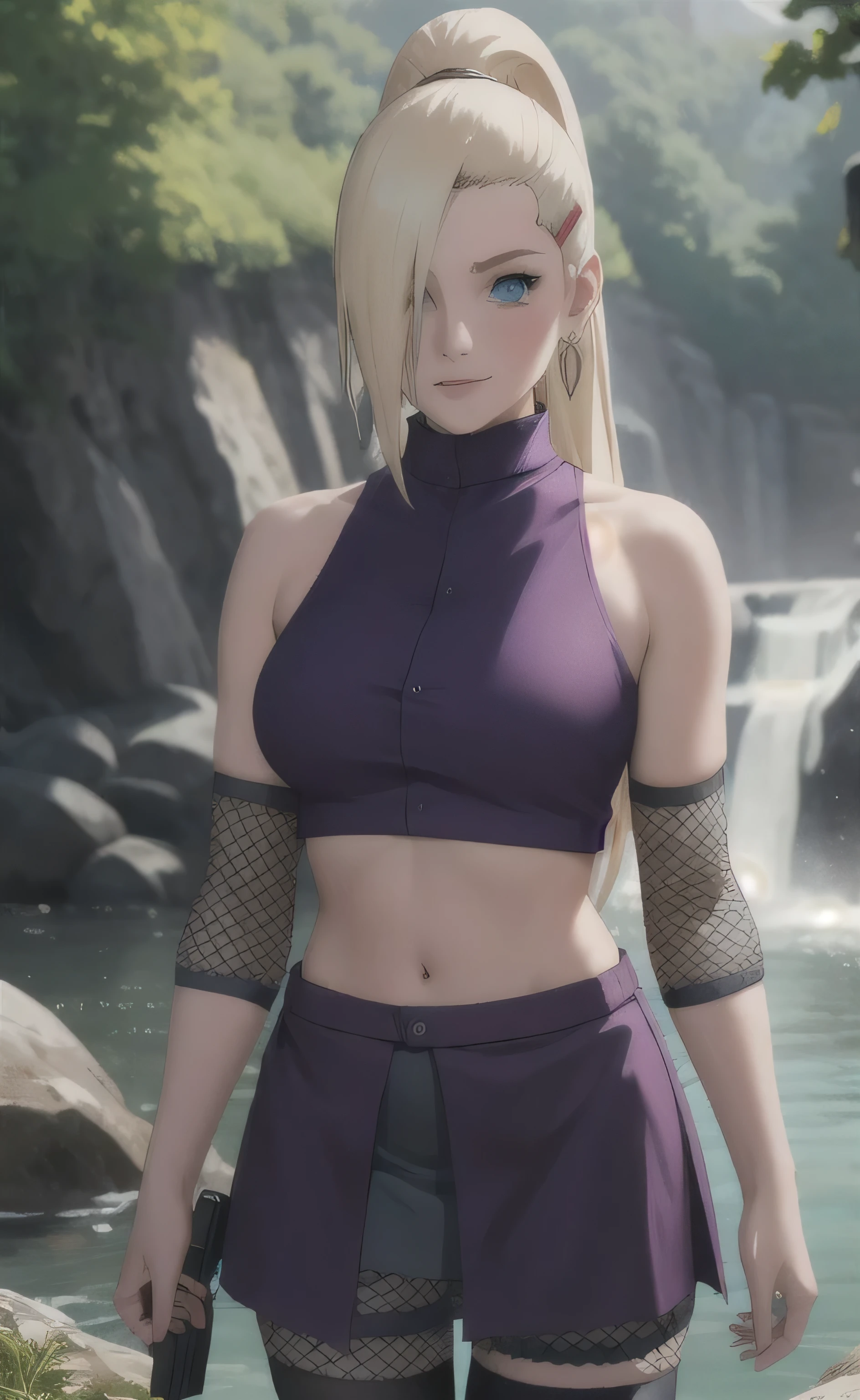 Costum_InoYamanaka_ownwaifu,
1girl, blonde hair, hair over one eye, blue eyes, high ponytail,  ponytail, long hair, hairclip, hair ornament, earrings, breasts, medium breasts, 
purple skirt, purple shirt, turtleneck, bare shoulders, crop top, navel, midriff, fishnets,  thigh pouch, fishnet armwear, fishnet legwear, bike shorts, sleeveless turtleneck, 
((masterpiece)),((best quality)),(highres), bokeh, depth_of_field, day, tree shade, sunlight, scenery, rock, waterfall, looking at viewer, solo, cowboy shot,