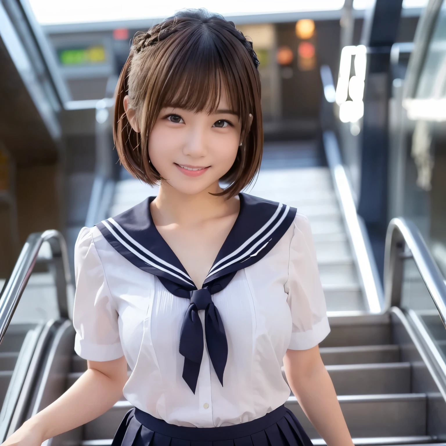 ((  escalator))、lewd smile、( is present、 photorealistic:1.37)、(masterpiece)、( top quality:1.4)、( super high resolution:1.2)、( RAW photos :1.2)、( sharp concentration:1.3)、(stand:1.2)、 elegant、( full-body lesbians:1.2)、( girl in an elaborate sailor suit and pleated skirt :1.3)、 cute japanese girl、(smile:1.3)、( makes her hair shine:1.3)、  brown hair、 bob cut、  short pleated skirt、.((( is a sailor suit on the upper body))) (Big Breasts:1.2),  escalatorの下から撮影、 beautiful and delicate eyes、  saw beholder 、  escalatorの最下段から見上げるアングルで撮影、  secretly take a picture of the inside of the skirt.((( looking at camera))).(((下半身は裸))).(((Blouse on the upper body)))
