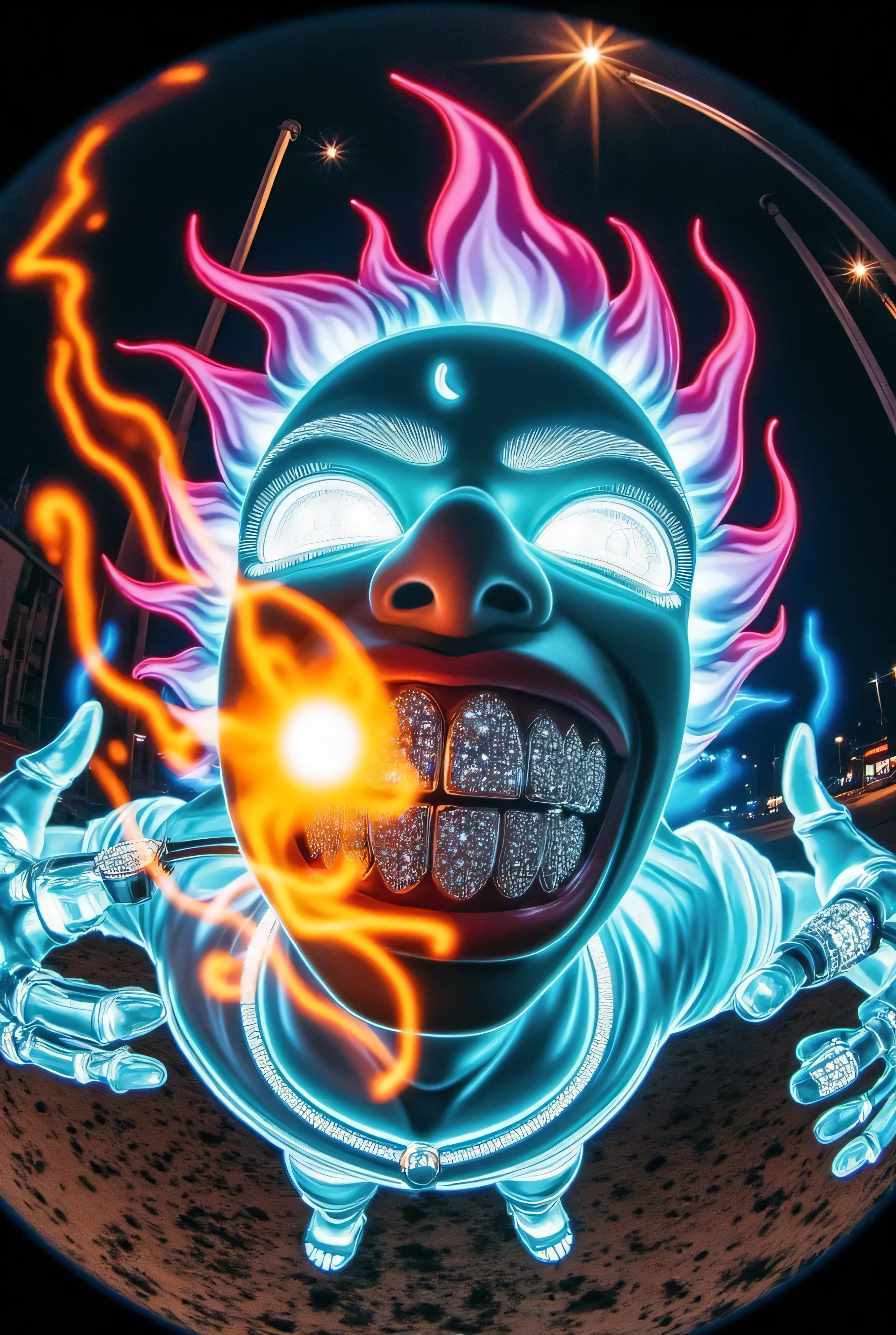 gr!llz, ,The character enveloped in intense thick colored energy. Their face is obscured by the overwhelming thick glow::7.2 , large anime energy aura size 6 inches from body emphasizing the sheer power they are unleashing::6.4 .smiling into the camera, fish eye lens realistic photograph with a wide smile, its teeth are encrusted with shiny platinum diamonds.