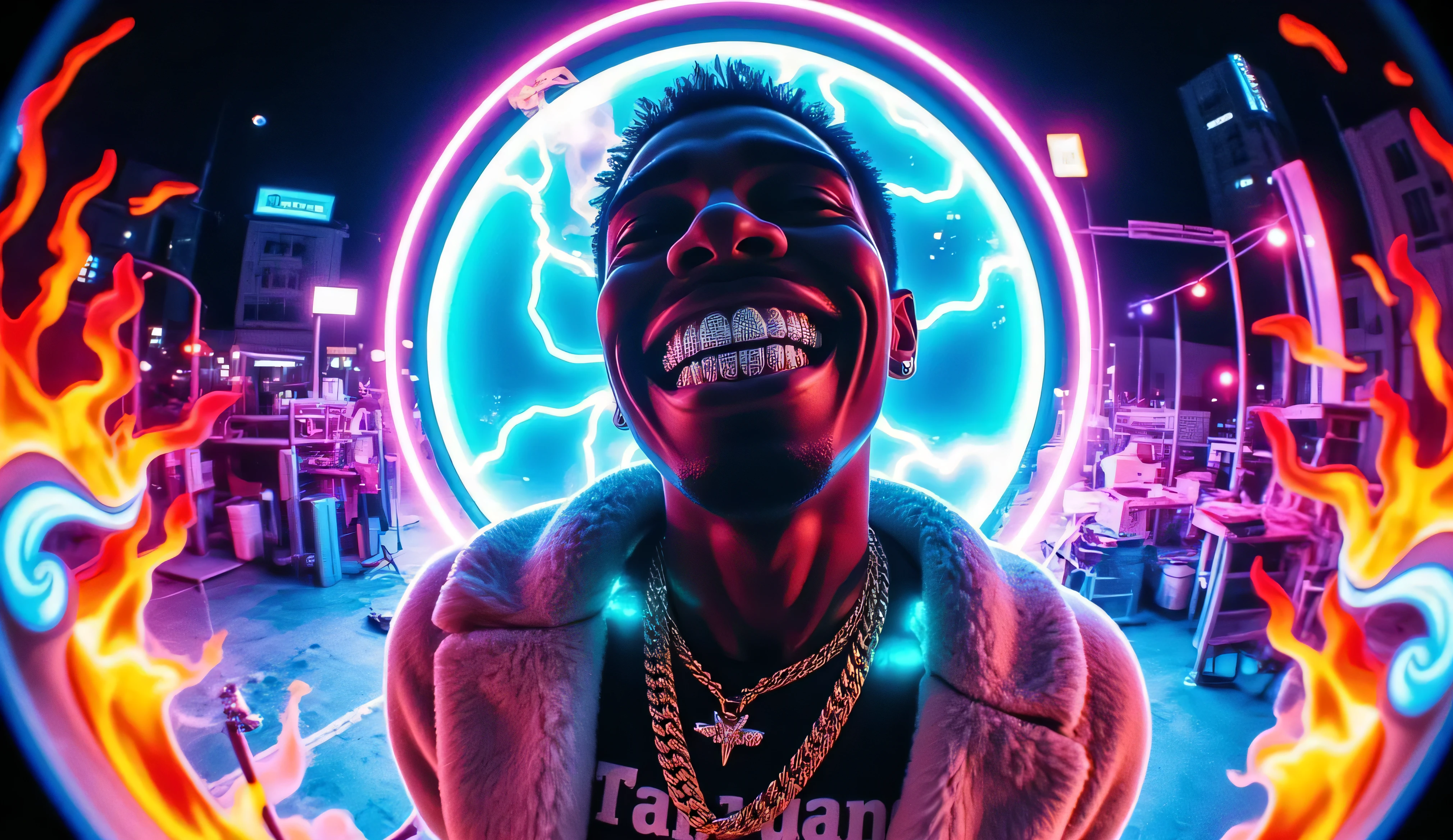 gr!llz, in the style of Jed-clrfl , Ebony character enveloped in intense thick colored energy.The character has luminous peacock color skin, wearing a fur bubble jacket with shirt underneath with bold text that says "Talijuano", bold gold chain aesthetic_pos3, Their face is obscured by the overwhelming thick glow::7.2 , large anime energy aura size 6 inches from body emphasizing the sheer power they are unleashing::6.4 .smiling into the camera, fish eye lens realistic photograph with a wide smile, its teeth are encrusted with shiny platinum diamonds.