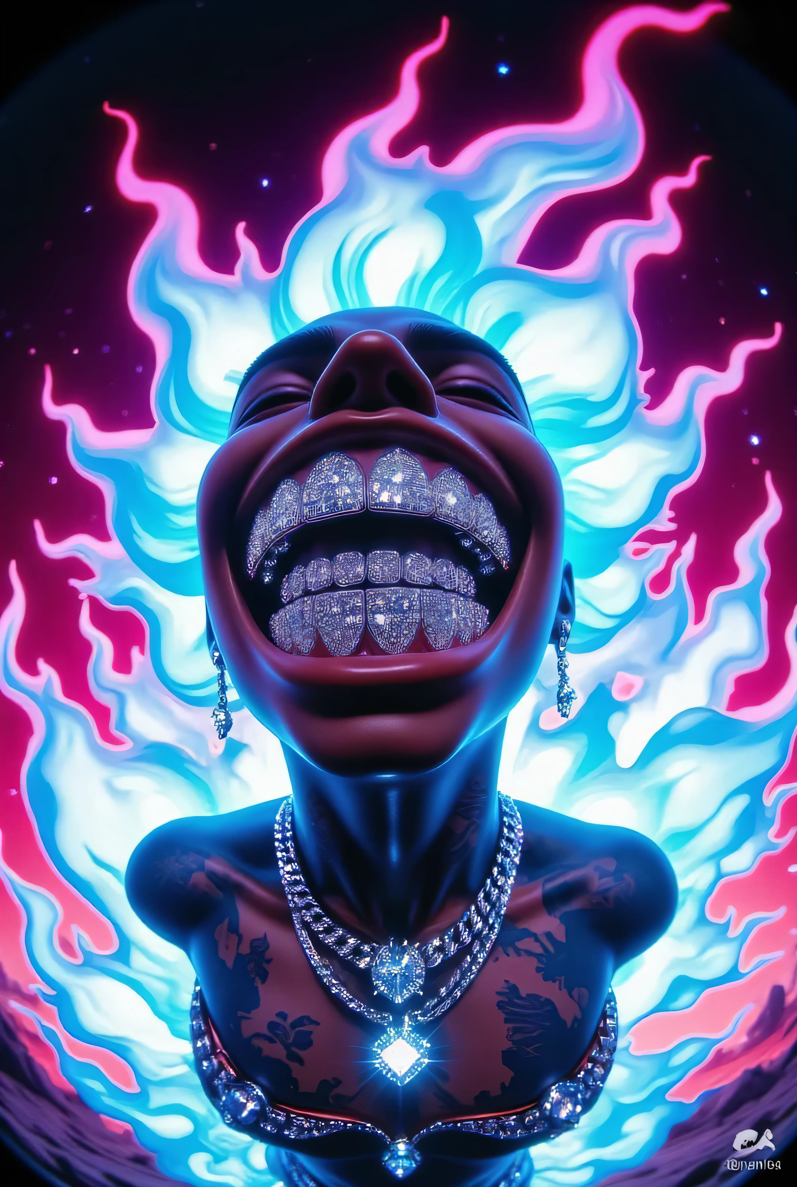gr!llz, in the style of Jed-clrfl , 3DMM, Ebony character enveloped in intense thick colored energy. Their face is obscured by the overwhelming thick glow::7.2 , large anime energy aura size 6 inches from body emphasizing the sheer power they are unleashing::6.4 .smiling into the camera, fish eye lens realistic photograph with a wide smile, its teeth are encrusted with shiny platinum diamonds. 