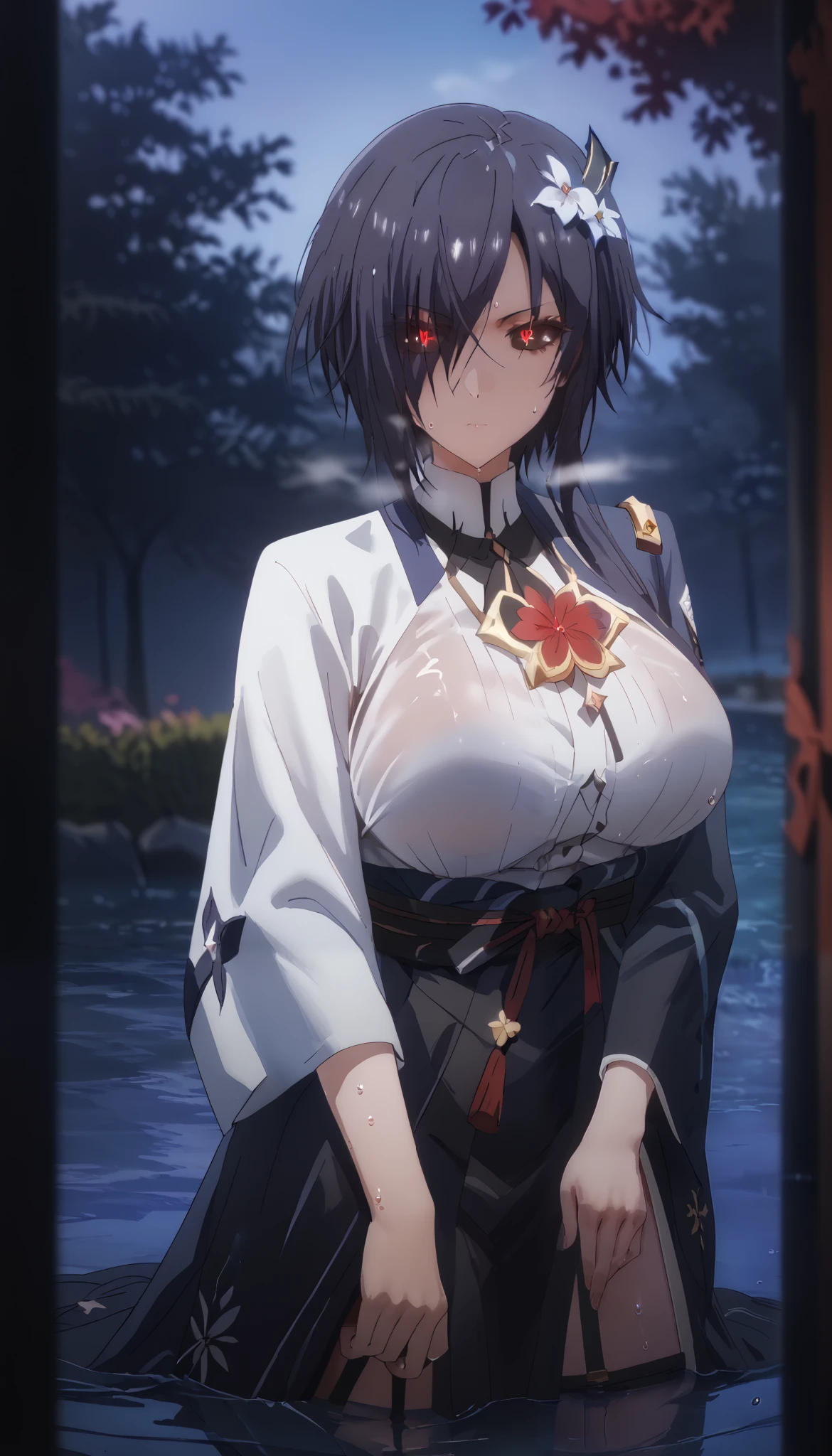 score_9, score_8_up, score_8, score_7_up, kirishima touka, blue hair, hair over one eye, ((black sclera)), red eyes, bright pupils, anime coloring, anime screencap, (voluptuous:1.3), (thick:1.3), BREAK UHD, retina, masterpiece, accurate, anatomically correct, textured skin, super detail, high details, high quality, award winning, best quality, highres, 4K, excessive sweating, sweating, sweating drop, (gasping, heavy breathing:1.3), (skindentation:1.2), perfect eyes, beautiful eyes, eyelashes, makeup, detailed body, perfect body, BREAK, 1girl, fhair flower, flower, wading, solo, japanese_clothes, water, blurry, depth_of_field, outdoors, holding, standing, expressionless, closed_mouth, night, looking_at_viewer, hollow eyes, bright pupils, sweating, heavy breathing, steaming face, glowing eyes, expressionless, lazy eyes,