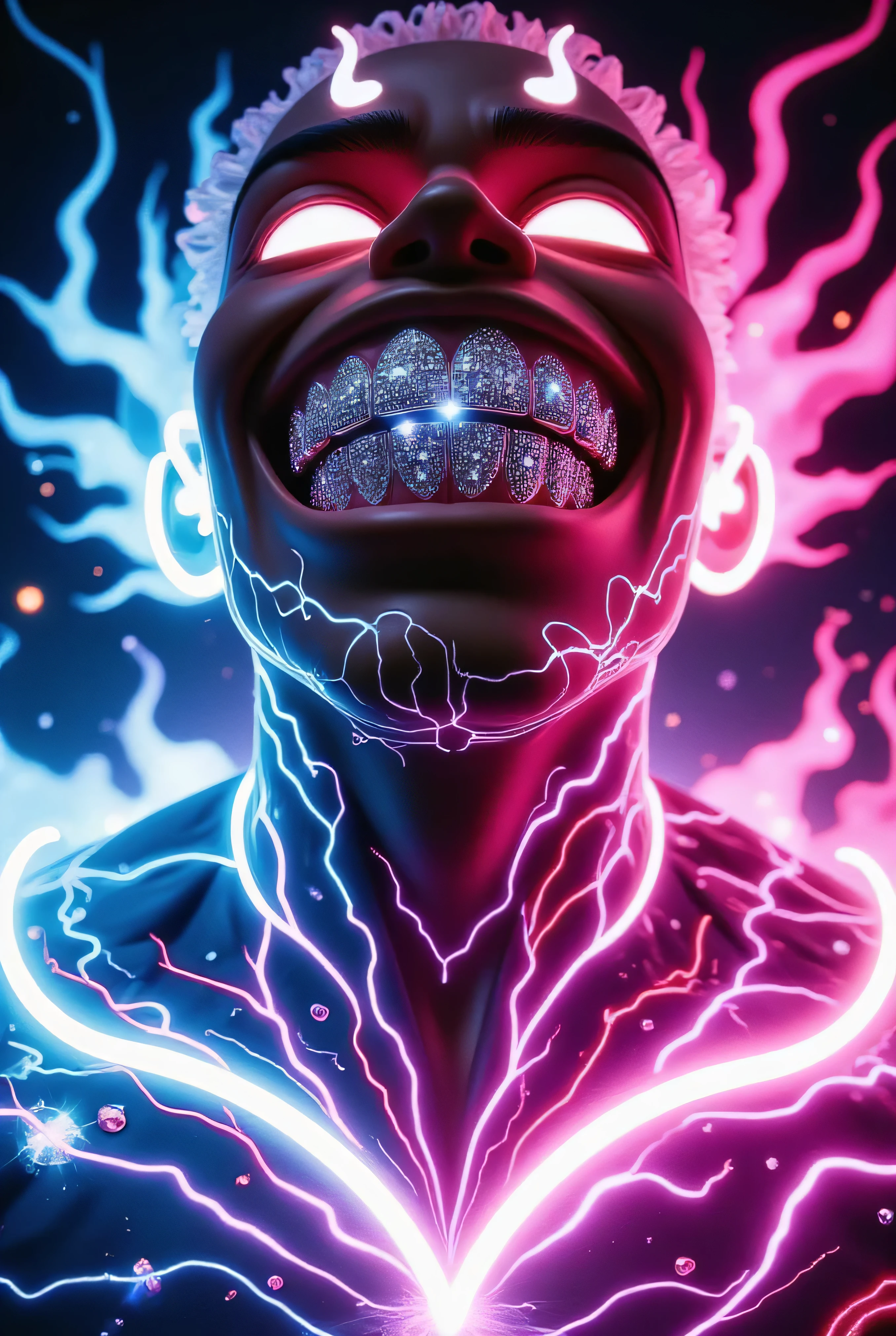 gr!llz, in the style of Jed-clrfl , 3DMM, Ebony character enveloped in intense thick colored energy. Their face is obscured by the overwhelming thick glow::7.2 , large anime energy aura size 6 inches from body emphasizing the sheer power they are unleashing::6.4 .smiling into the camera, fish eye lens realistic photograph with a wide smile, its teeth are encrusted with shiny platinum diamonds.