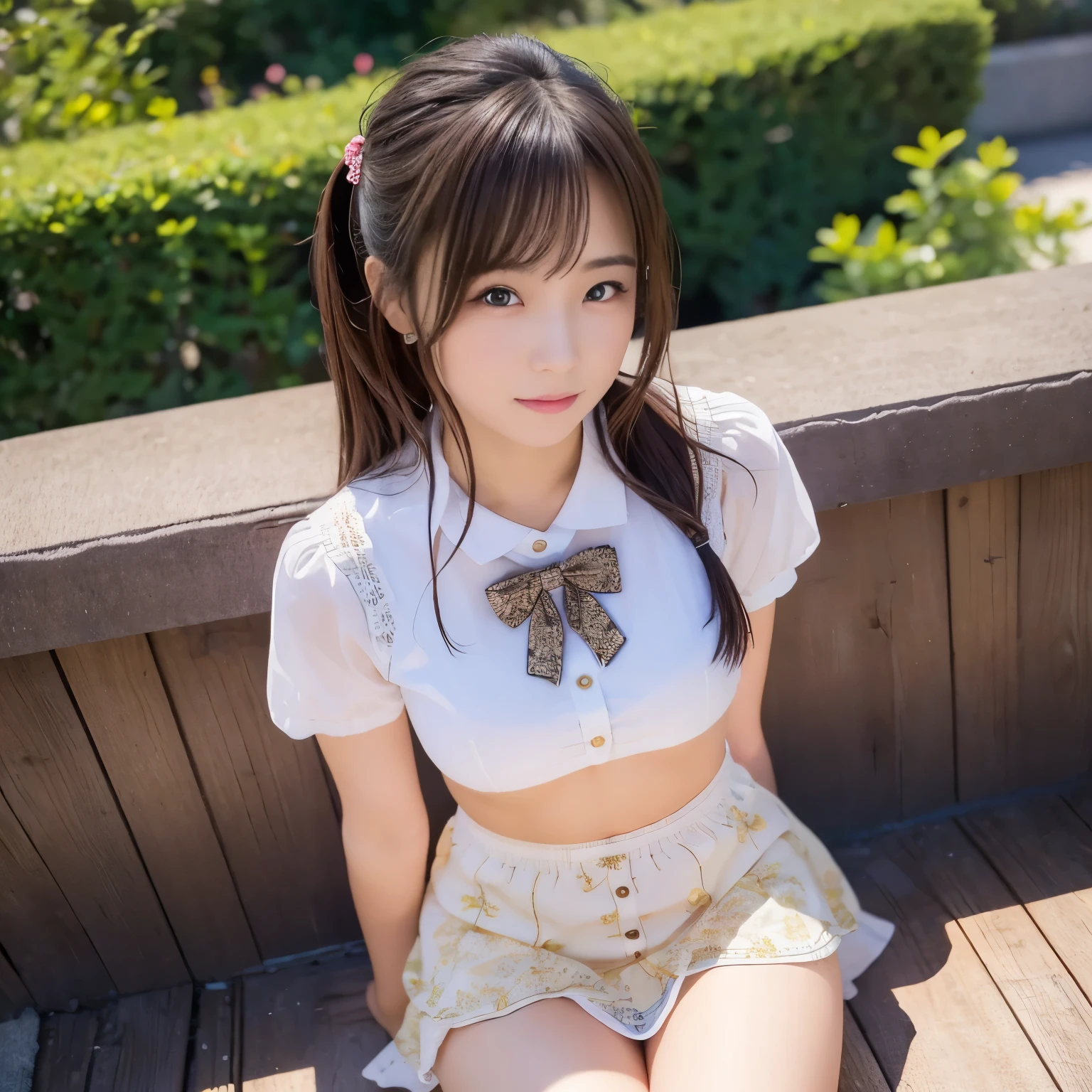 muste piece, best quality, realistic, EOS R5 RF50mm F1.2 L USM, 8K, (Shooting from the front:1.5), (Full body shot:1.5), (Aori photography from a low position:1.5), leaning forward and looking into the camera, , Raw photo, disorganized, award-winning portraits, solo, idol face, double eyelid, Big eyes, big eyes, Moist eyes, delicate girl, Slender body with long arms and legs, small breasts, very long legs, (White knee-high stockings that cover the thighs:1.5), (garter belt:1.5), Absolute area, (shoes:1.5), beautiful and detailed hair, Idol's perfect bangs, (shy smile:0.6), (Sit on a bench with your legs apart and your arms bent forward.:1.5), (open your legs to the left and right:1.5), (open both knees to the left and right:1.5), sit on a bench with both knees up, (The shirt is a simple white see-through short-sleeved shirt.:1.5), (The skirt is a plaid miniskirt:1.5), (Black semi-long twin tails:1.5), (Semi-long twin tails with thick and luxurious curly hair:1.5), Real young gravure idol, cute high school girl,