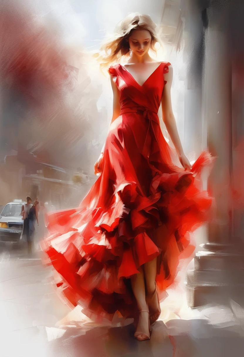 Mulher com vestido vermelho comprido, usando batom vermelho, uma rosa vermelha no cabelo, grande profundidade de campo, Arte Digital, obra prima, Qualidade UHD". RPG