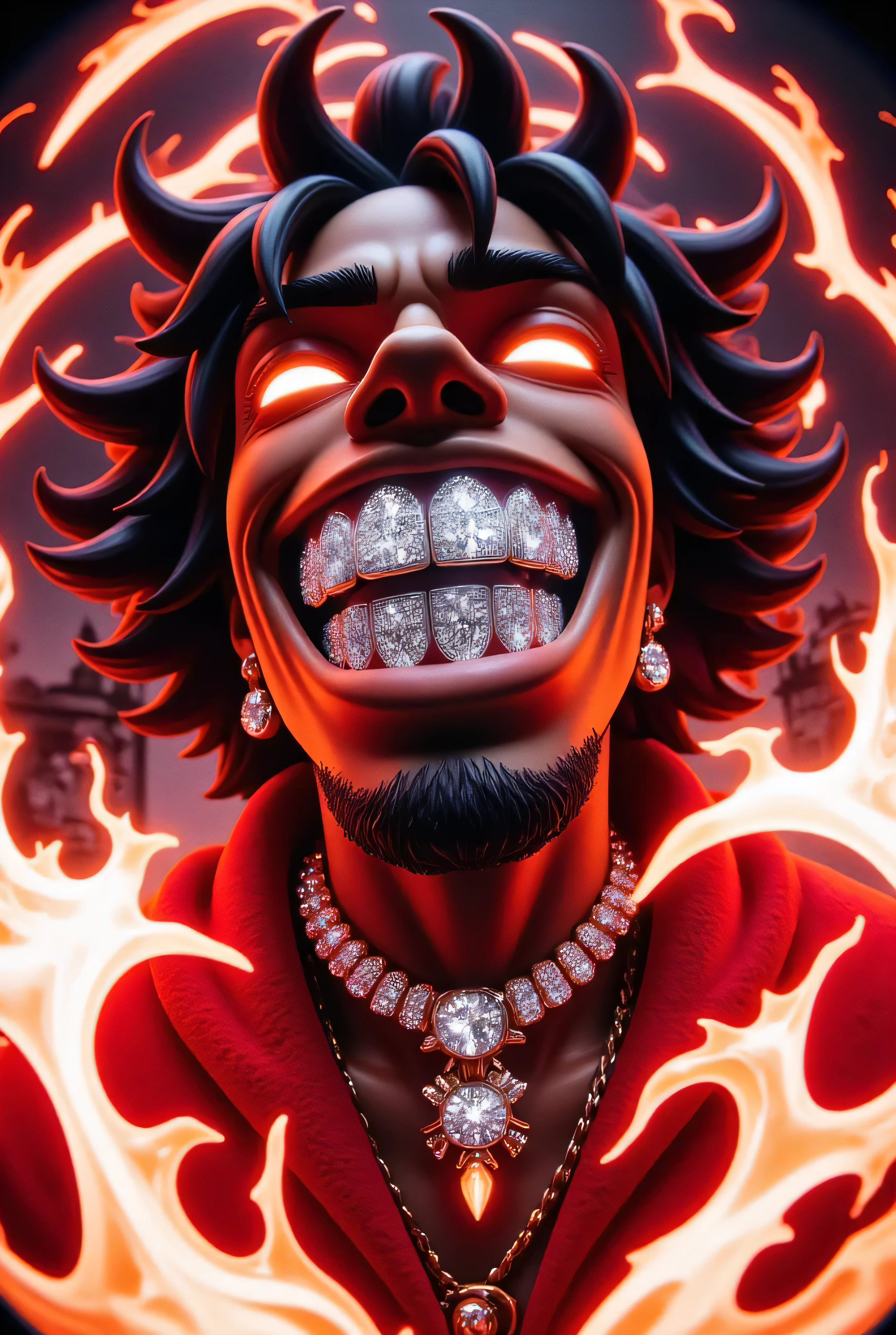 gr!llz, in the style of Jed-clrfl , 3DMM, Ebony character enveloped in intense thick colored energy. Their face is obscured by the overwhelming thick glow::7.2 , large anime energy aura size 6 inches from body emphasizing the sheer power they are unleashing::6.4 .smiling into the camera, fish eye lens realistic photograph with a wide smile, its teeth are encrusted with shiny platinum diamonds. 