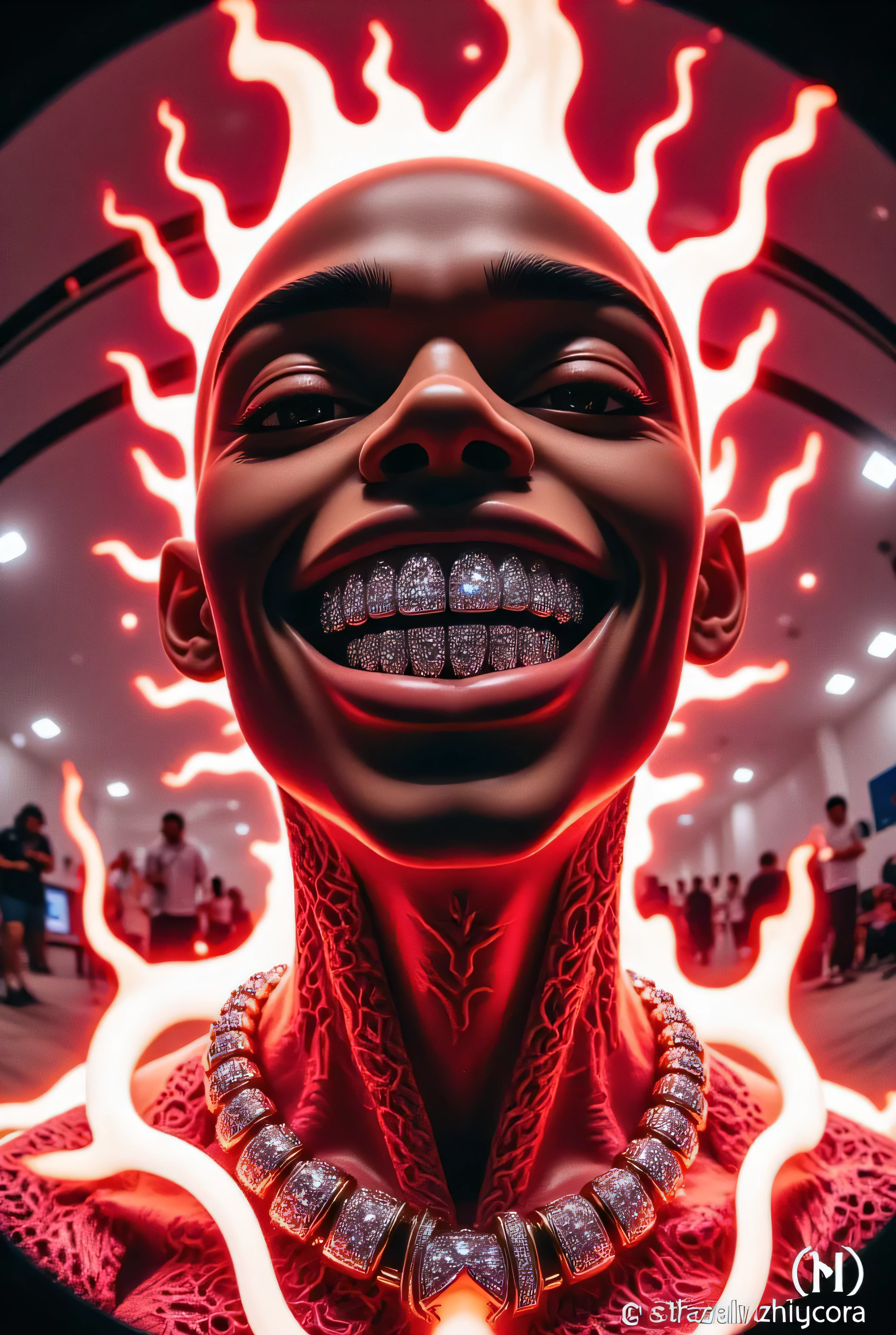 gr!llz, in the style of Jed-clrfl , 3DMM, Ebony character enveloped in intense thick colored energy. Their face is obscured by the overwhelming thick glow::7.2 , large anime energy aura size 6 inches from body emphasizing the sheer power they are unleashing::6.4 .smiling into the camera, fish eye lens realistic photograph with a wide smile, its teeth are encrusted with shiny platinum diamonds.