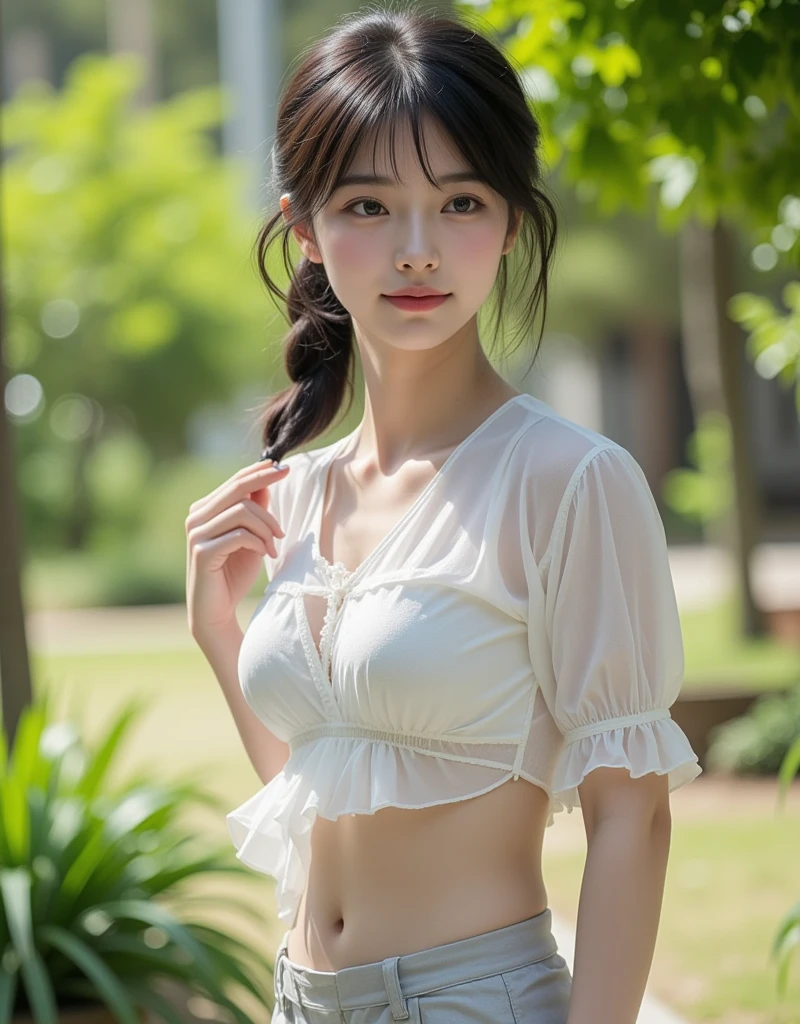 (Raw photo:1.2), (realistic), beautiful detailed girl, highly detailed eyes and face, thin and beautiful eyes, huge file size, High resolution, very detailed, highest quality, [table top:1.6], shape, very detailed, small details, highest quality, 8k wallpaper, movie lighting, 15 year old Japanese woman,Tree-lined avenue in the city&#39;s central park, In underwear, A beautiful tree-lined street with fresh green trees, Fashionable underwear, Her white bra is visible,  Her white panties are visible, slender body, relaxed look, young face, small breasts, exposed underwear, In underwearで散歩, Portrait