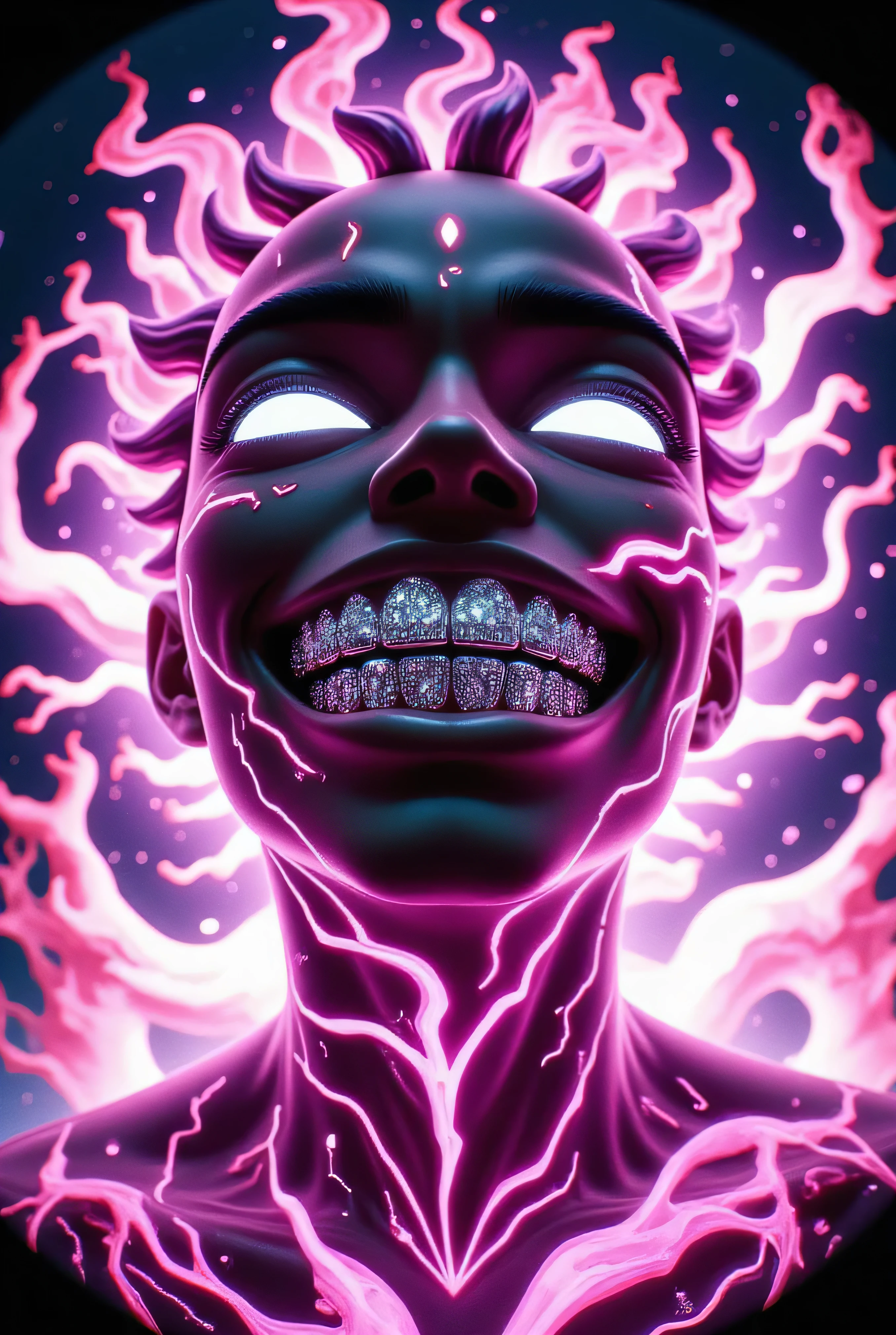 gr!llz, in the style of Jed-clrfl , 3DMM, Ebony character enveloped in intense thick colored energy. Their face is obscured by the overwhelming thick glow::7.2 , large anime energy aura size 6 inches from body emphasizing the sheer power they are unleashing::6.4 .smiling into the camera, fish eye lens realistic photograph with a wide smile, its teeth are encrusted with shiny platinum diamonds. 