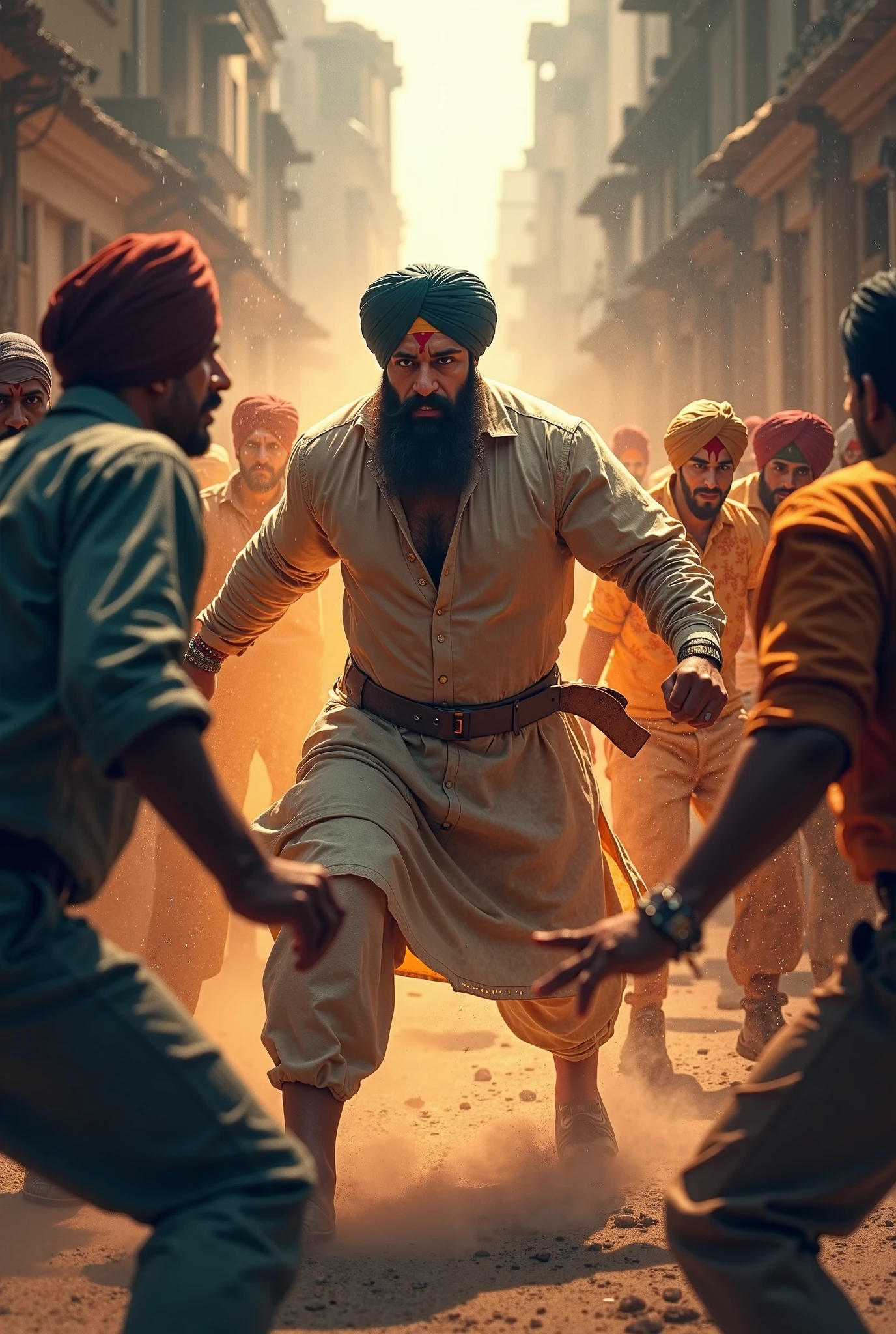 Two Indian Gangster running away from a Sikh wearing turban who is 2 on indian Empty Street