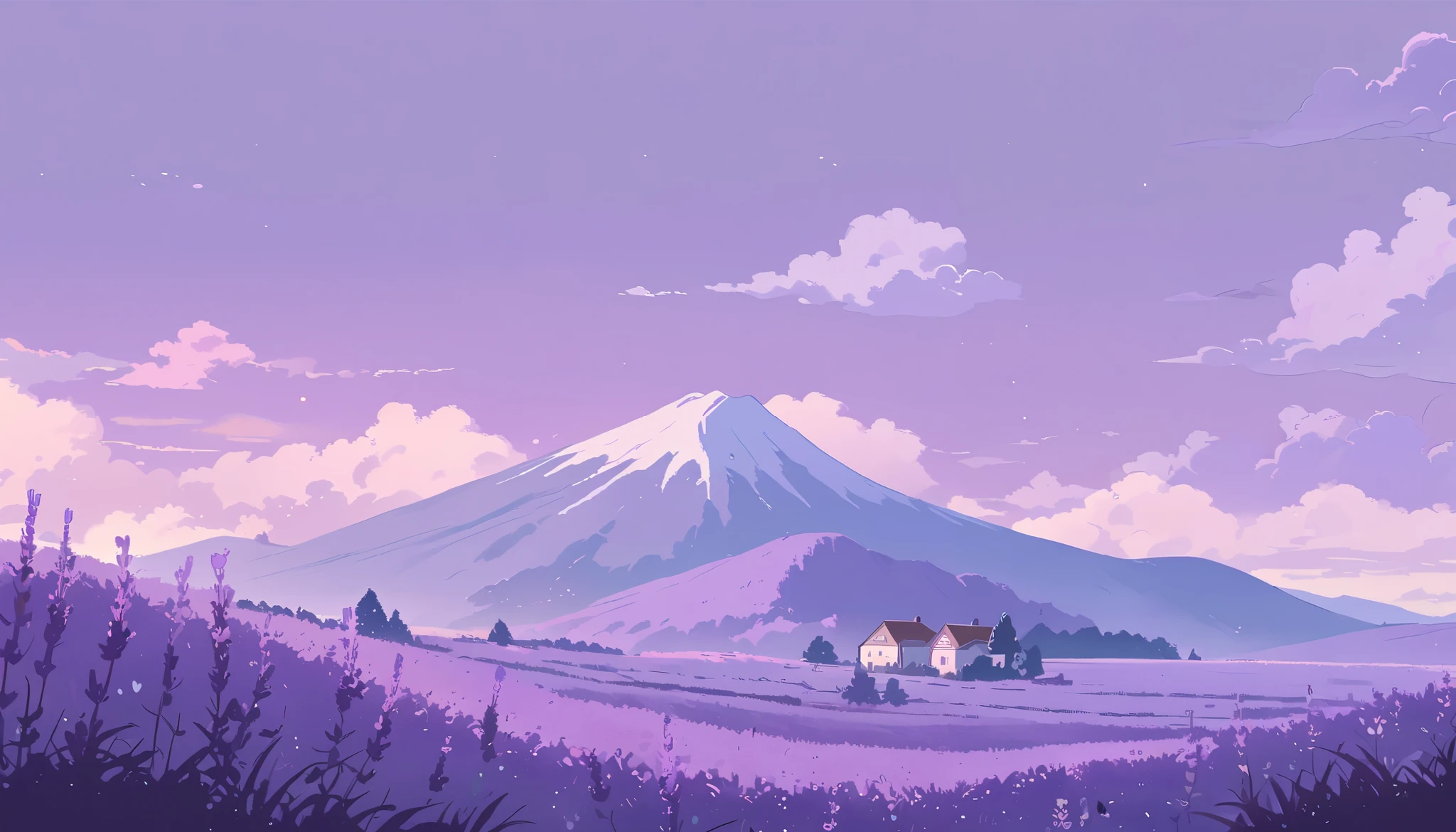 LAVENDER landscape , Pastel Purple Colors ,,Ghibli style ,Lofi ,cute ,Cozy , Landscape Wide Field Ultrawide Purple tone
