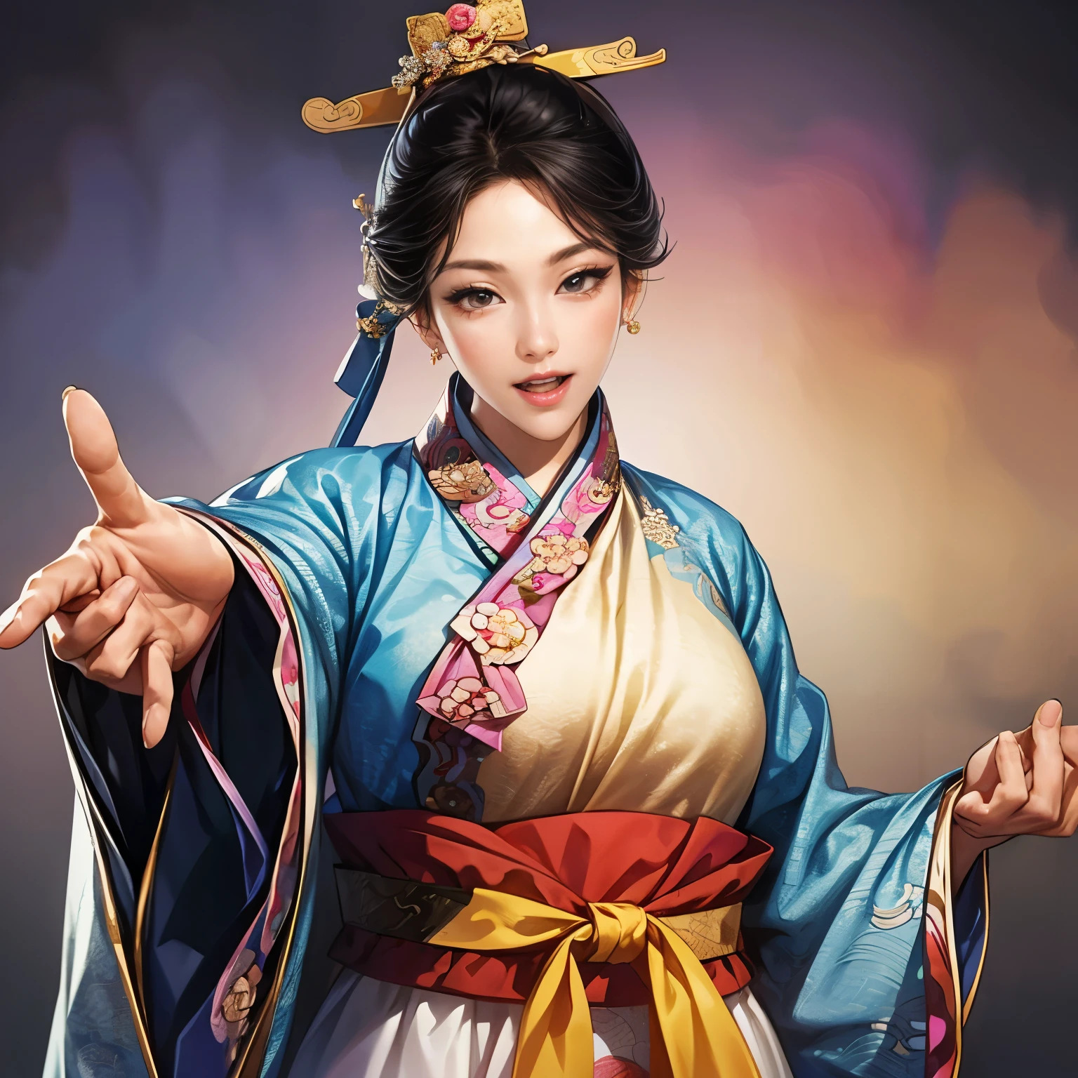  Three Kingdoms illustration , Female solo, ((Korean traditional clothing:1.5)),  Beautiful Woman,  beautiful face pointing a sword,  perfect hands, ( black hair),  sexy expression ,  wink your eyes,  excited expression, Various facial expressions,  various poses, Brilliant background ,  blurry background , Korean beauty, random poses