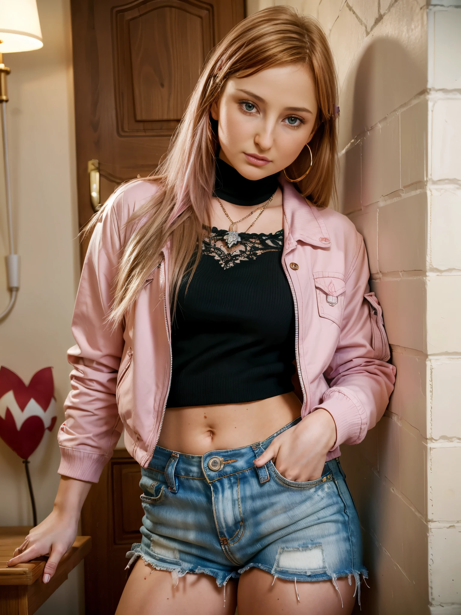 (masterpiece, best quality, 1 girl, solo, intricate details, chromatic aberration), realistic, ((medium breath)),long hair, red hair, red decoration on the head, pink highlights, amber eyes, earrings, sharp eyes, necklace, neon shirt, ripped shorts, unbuttoned jacket, turtleneck, night, against the wall, brick wall, graffiti, dim lighting, alley, look at the viewer, parisdiam0nd
