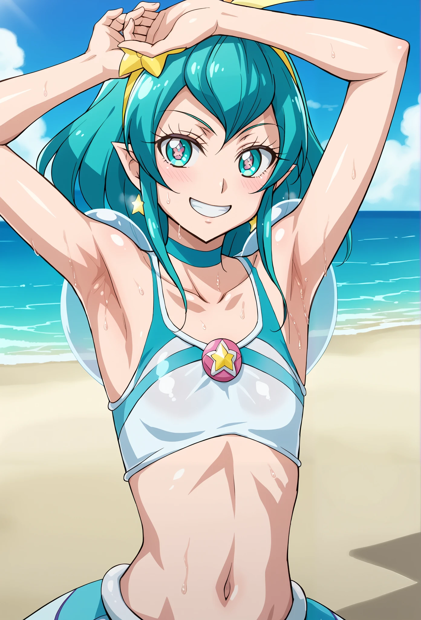 Cure Milk, Shiny Skin, opposed, Alone, , viewers, top quality,smile,Spread your armpits, turn your hands around the back of the head, blush,Sweating,grin, armpits, beach