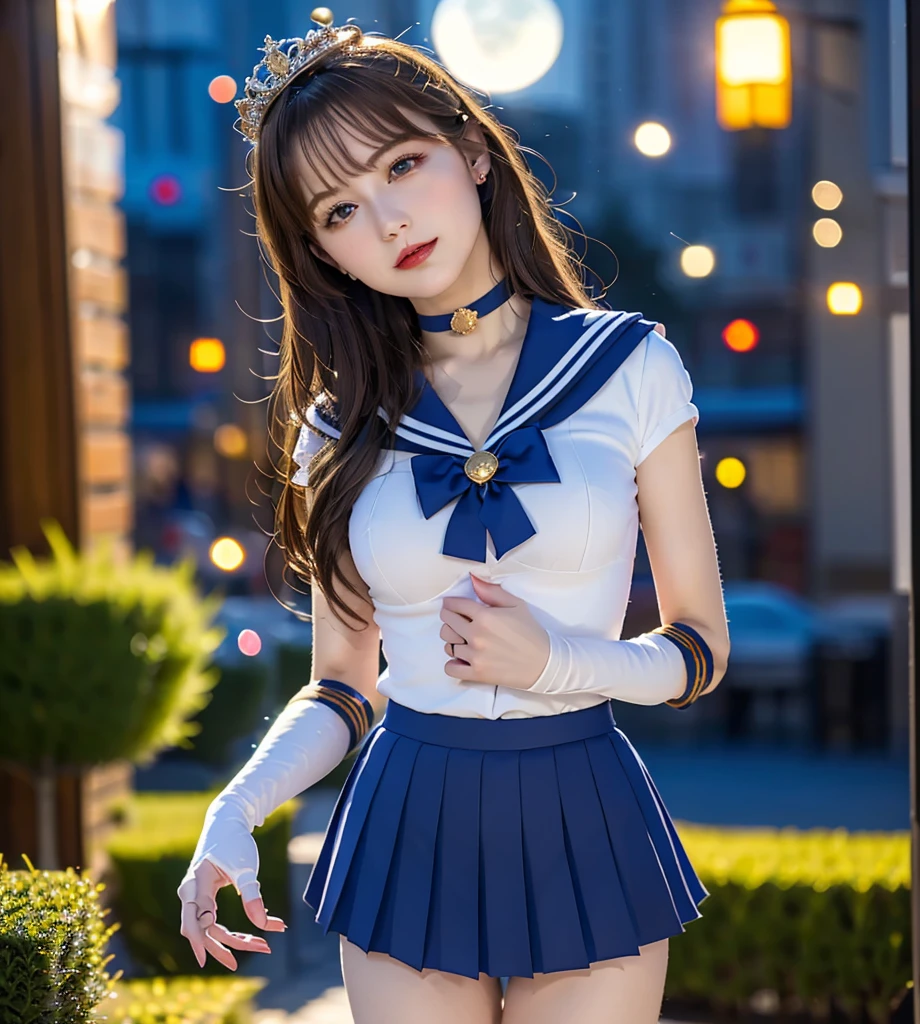realisticlying,超高分辨率,Best picture quality,tmasterpiece,Extremely delicate girl,blue colored eyes,cabellos largos dorados, looking at viewert,slender leg,Be red in the face,is shy,(Urban space,the night,电影灯光),((Sailor collar,Short top,围巾), Superskirt, pleatedskirt, leotard skirt, Striped stockings, rabbitears, and elbow gloves, Crotch view, The focus is on the thighs)), (photorealestic: 1.4), (ulzang-6500-v1.1:0.66),