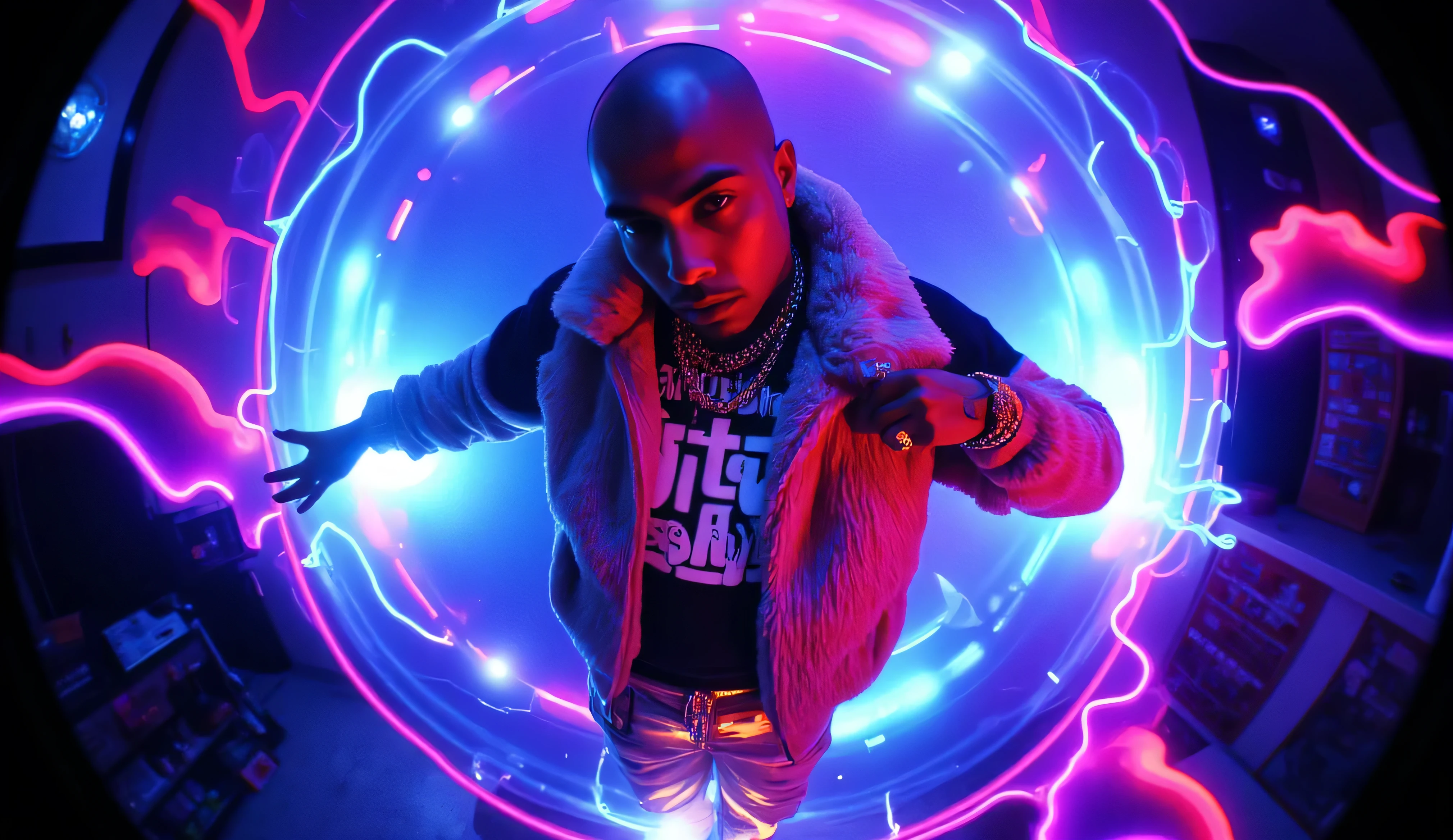 gr!llz, person Nztykle bald head in the style of Jed-clrfl , shide shot side pose standing sideways Ebony character enveloped in intense thick colored energy.The character has luminous peacock color skin, wearing a fur bubble jacket with shirt underneath with bold text that says "Talijuano", bold gold chain aesthetic_pos3, Their face is obscured by the overwhelming thick glow::7.2 , large anime energy aura size 6 inches from body emphasizing the sheer power they are unleashing::6.4 , fish eye lens realistic photograph