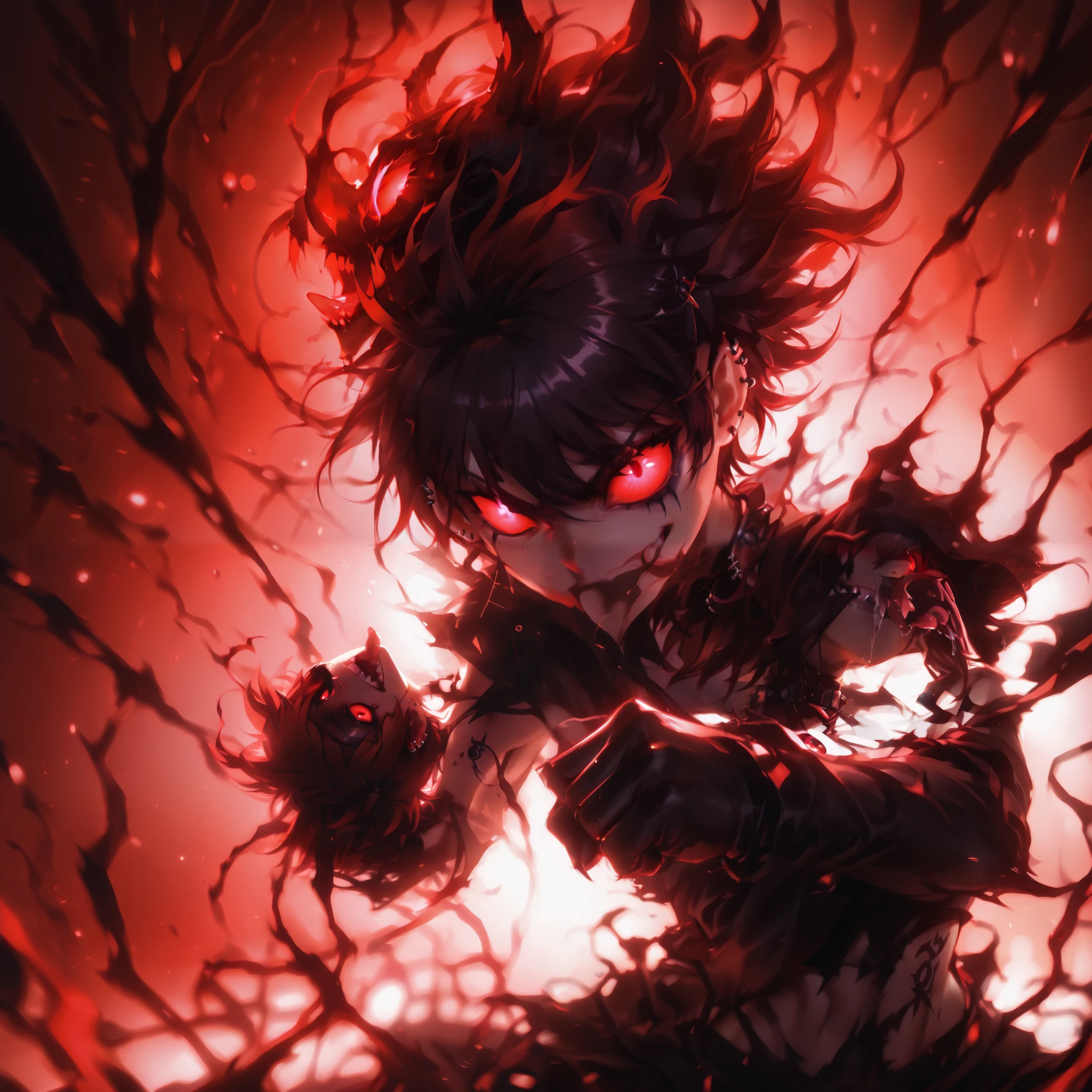 "(ultra-detailed), (masterpiece), (best quality), (depth of field), (sharp focus), (cinematic lighting), (vibrant neon red), 1, crazy smile, fangs, tongue out, glowing eyes, short hair, gothic style, dark makeup, black tattoos, silver piercings, psychotic, psycho, a dark-lit anime female with red glowing eyes, deep eyes, neon red hair and a lot of red energy, psycho smile, closed fists, evil villainess, ((red flames in the background)), sharp teeth, (battle pose), (((red gradient background:1.4))), energy, energetic, Phonk, Brazilian Phonk, Simple Design, Simplified --s 100 --niji 5 --ar 1:1"