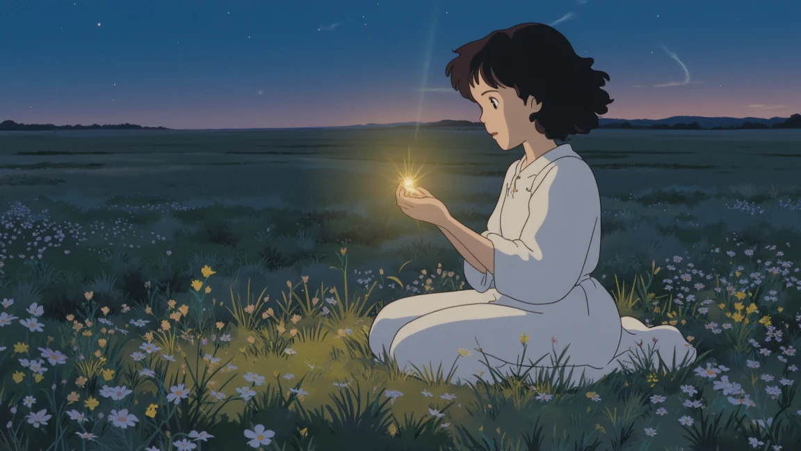Goth Girl Aesthetics ,   with curly black hair and a flowing white dress sitting on the floor., Surrounded by wildflowers.   She holds a glowing firefly in her hand and watches  ,  softly blink  .   is set in the background of a prairie at dusk  ,  The first stars begin to appear and .  The light is soft and warm ,  with a magical glow .