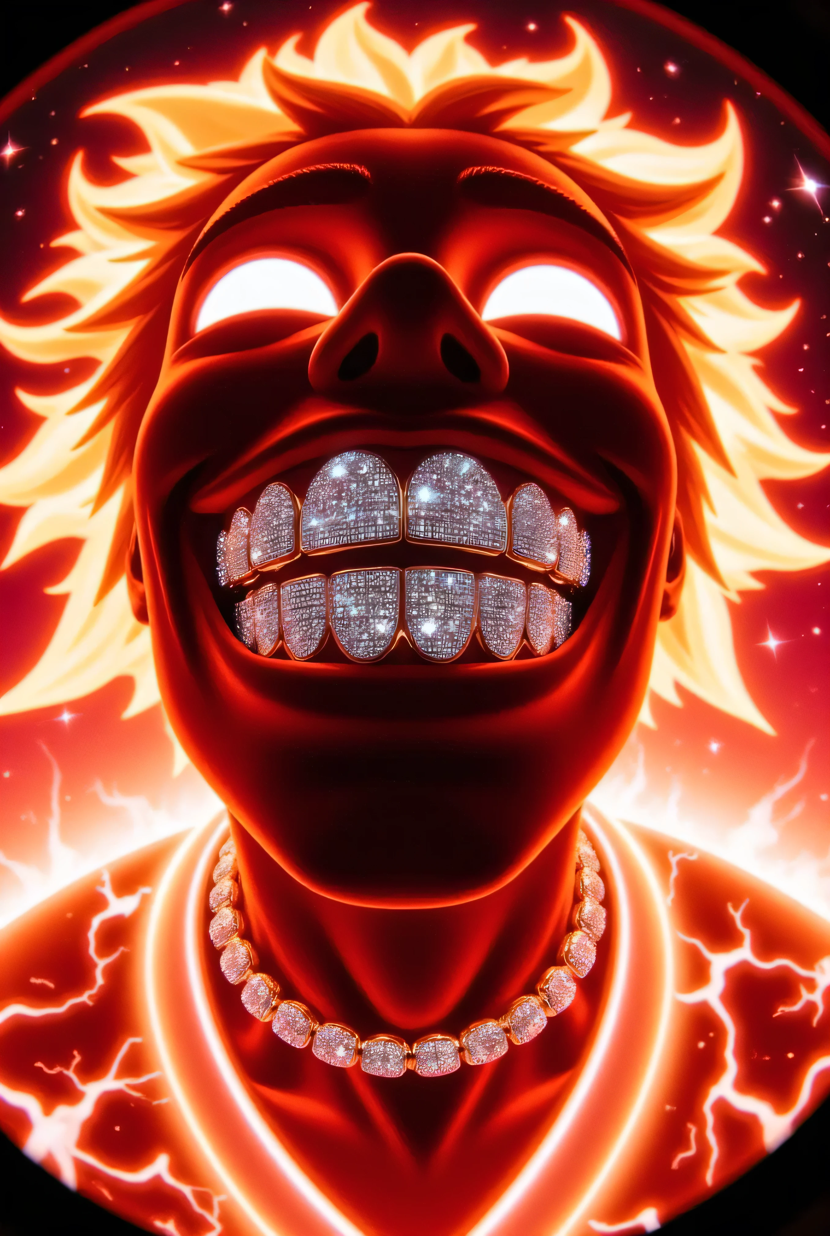 gr!llz, ,Ebony character enveloped in intense thick colored energy. Their face is obscured by the overwhelming thick glow::7.2 , large anime energy aura size 6 inches from body emphasizing the sheer power they are unleashing::6.4 .smiling into the camera, fish eye lens realistic photograph with a wide smile, its teeth are encrusted with shiny platinum diamonds.