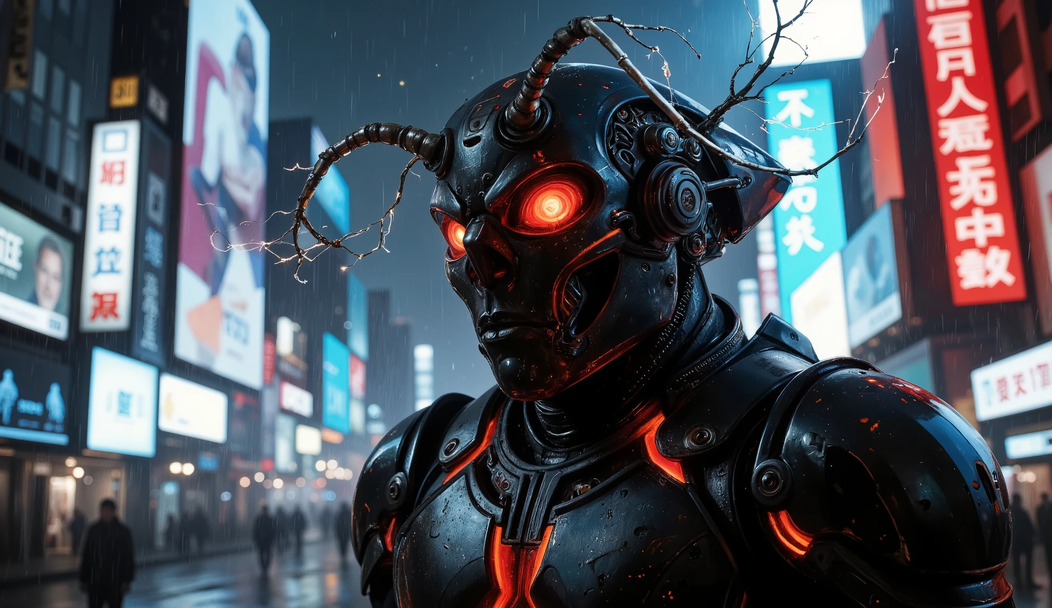 A cinimatic image of a futuristic cybernetic warrior stands in a neon-lit cityscape, its sleek black armor glowing with pulsating red energy veins. Its helmet, resembling an insectoid predator, features glowing red eyes and intricate mechanical details. Sharp, metallic antennae extend from its head, crackling with energy. The background is a vibrant, high-tech metropolis with towering skyscrapers, holographic ads, and a moody, rain-soaked atmosphere. The lighting is dramatic, with reflections bouncing off the armor, capturing an intense, high-action sci-fi movie aesthetic."