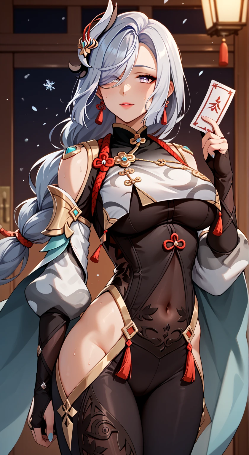 corrin,Fleshy thighs，with a pure white background，peeing self,C cup，Vigorous，China-style，High-class design sense，Promotional poster style，Red cheongsam，highly rendered，详细的脸