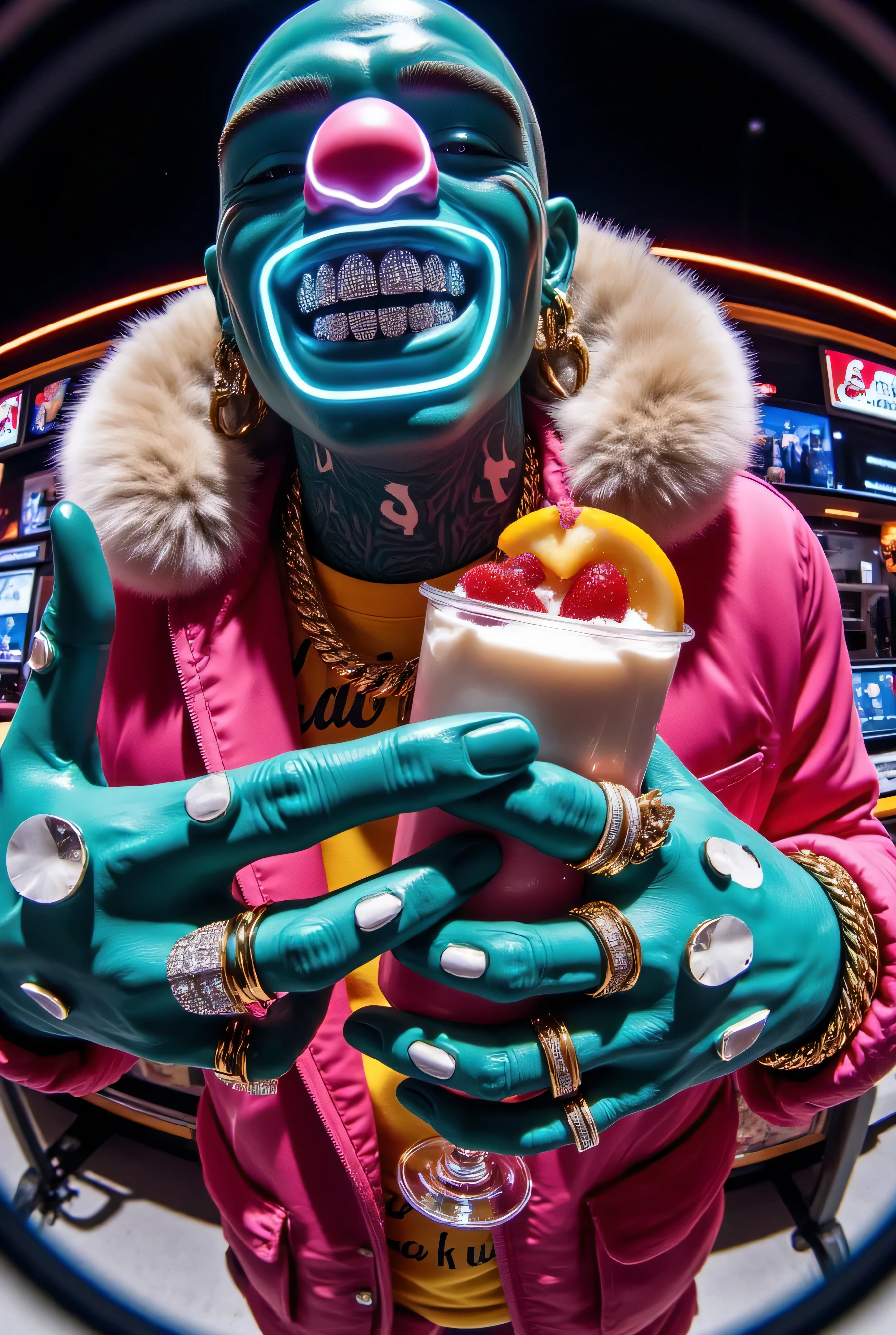 gr!llz, detailed hands, photograph An ultra-realistic, first-person view (FPV) of human-like character inspired by sci-fi aesthetics. The perspective shows the viewer's hands reaching forward, one hand holding an intricately detailed tropical fruit and icecream drink. The character has luminous peacock color skin, wearing a fur bubble jacket with shirt underneath with bold text that says "Talijuano", bold gold chain aesthetic_pos3 ,The character enveloped in intense thick colored energy. Their face is obscured by the overwhelming glow, emphasizing the sheer power they are unleashing. The background is a fantasy nightime nightmare.
. The lighting is realistic and cinematic, emphasizing the glowing accents, reflective surfaces of the drink, and the characters' detailed features. smiling into the camera, fish eye lens realistic photograph with a wide smile, its teeth are encrusted with shiny platinum diamonds. diamonds dance and twinkle in the light, enthusiastic laugh,
