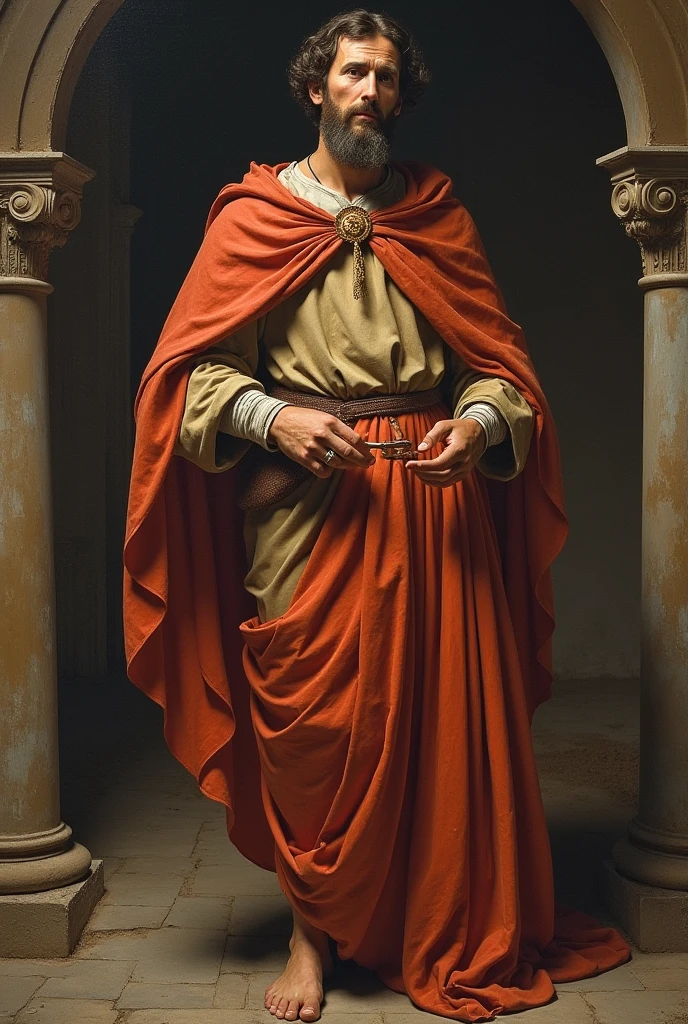 uma pintura de um homem com barba e pau, inspirado em Roman Bezpalkiv, inspirado em Carl Heinrich Bloch, inspired by Nicomachus of Thebes, inspirado em Jules Joseph Lefebvre, portrait of saint of the pit, Directed by: Carl Heinrich Bloch, Jehan Georges Vibert, inspirado em Gustave Boulanger, (Foto RAW, real, melhor qualidade, obra-prima: 1.2), (Hiper realista, realista: 1.2), alta qualidade, (dark ilumination: 1.2), perfect  lighting, 4k