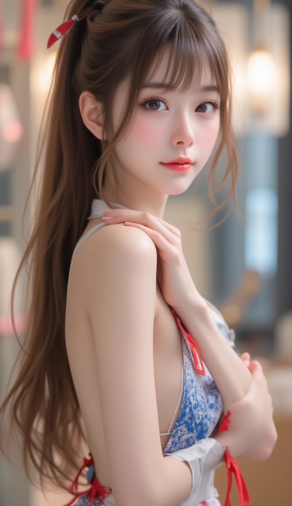 (high quality、masterpiece、4k、8k、16k)、pretty girl、twin tails、beautiful bust、Medium chest、smooth skin、silky hair、Bright colors、fantastic lighting、delicate details、obvious look、porcelain skin、elegant pose、Gentle atmosphere、pure innocence、beauty of nature、Sublime aesthetics、bra top and shorts,