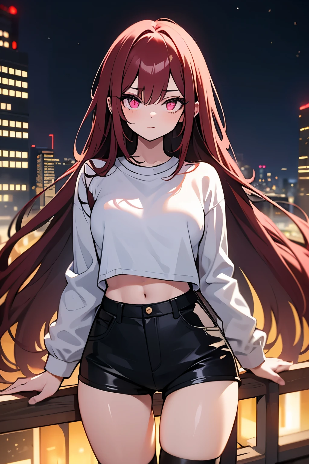 1 girl, (hot girl), (long dark red hair), (hypnotised eyes), pink eyes, (), (5ft 6 inches tall), (casual long-sleeve shirt and shorts with thigh-high socks), (slender abs), (skinny-voluptuous body shape), medium breasts, medium ass, wide legs, (standing facing viewer), (city background), (nighttime). (4k quality image), (detailed face), (detailed eyes). (Posing for viewer).