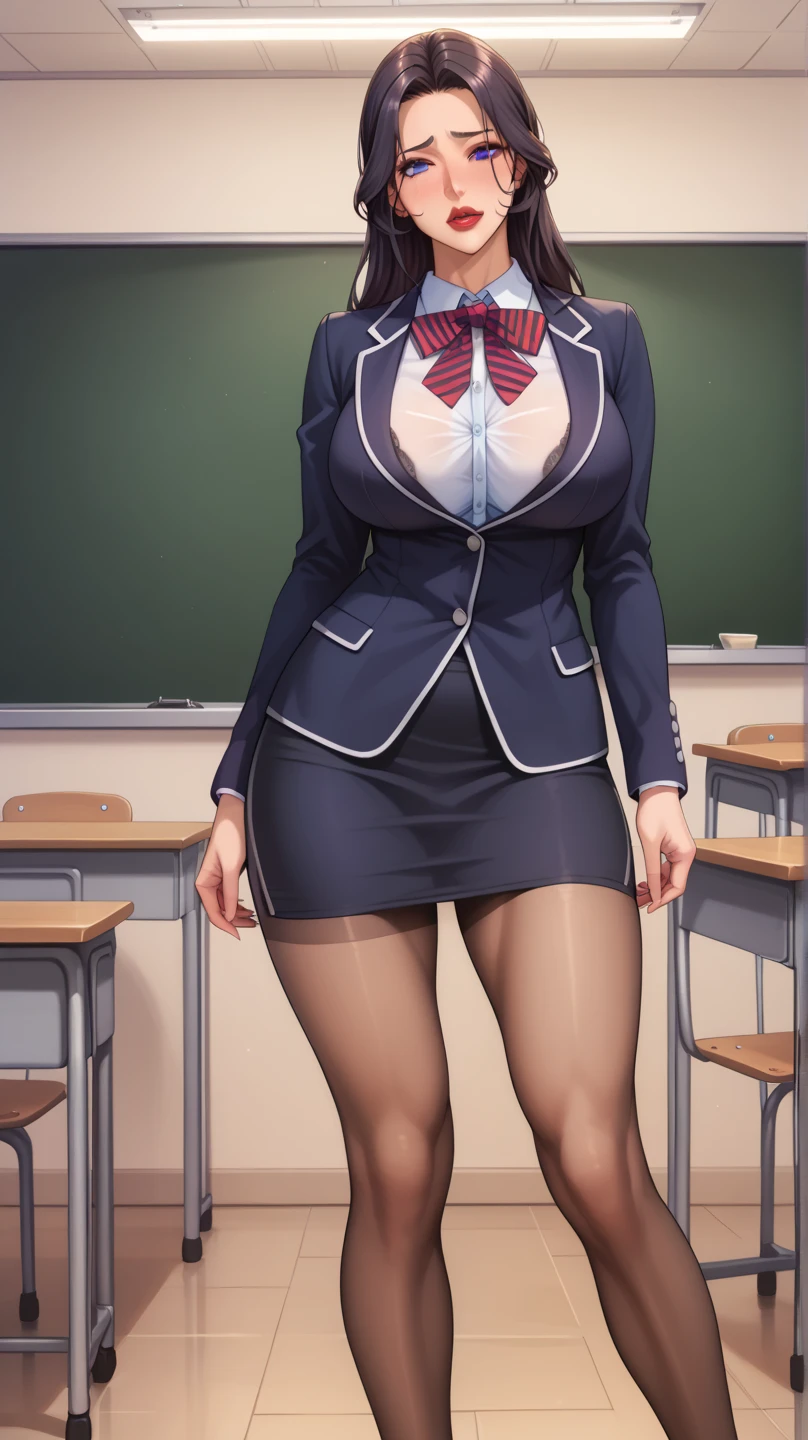 Beautiful woman, full body, dark blue hair, works as a language interpreter, proficient in many languages, dressed as a teacher, writes on blackboard, wears glasses, high heels, white heels