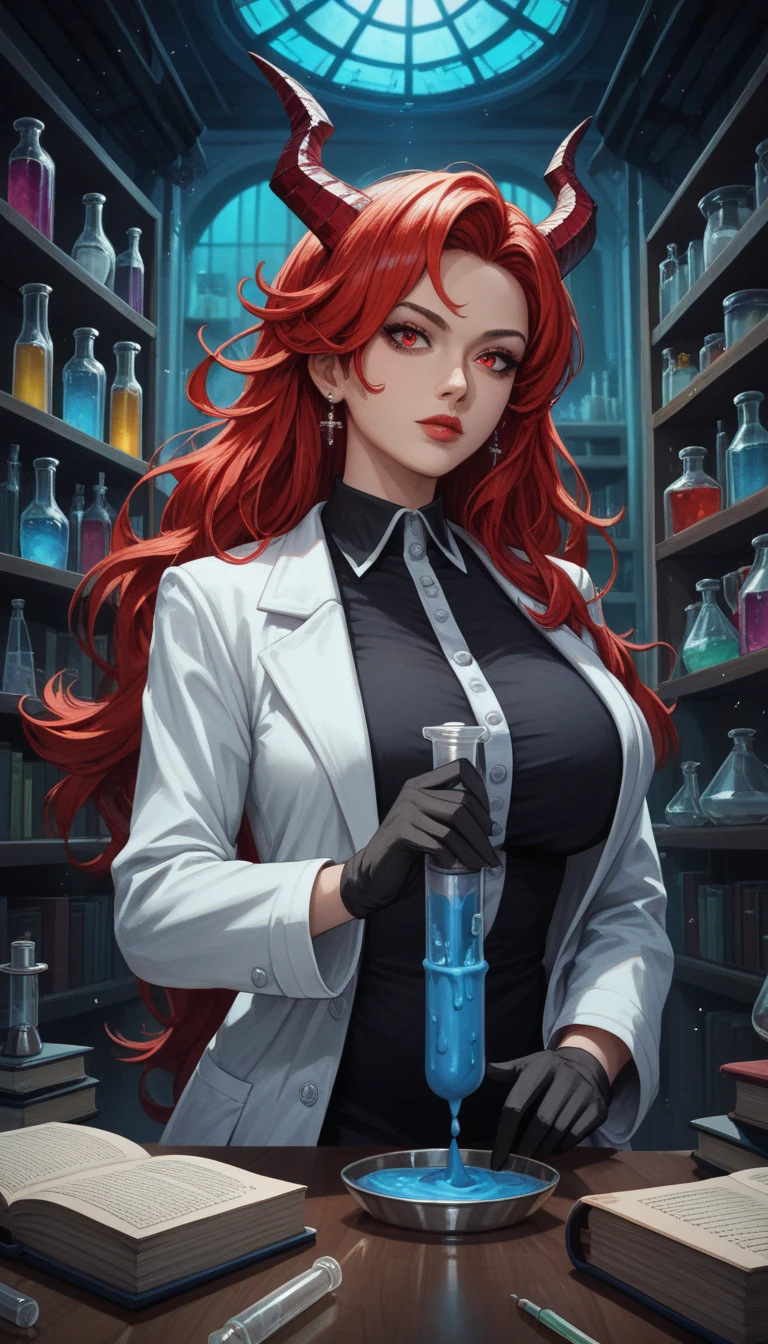 A super beautiful 44 year old girl with long straight red hair, white skin looks like milk or, Penetrating dark sky blue eyes with a strong and striking look, slenderbody, a chubby cheek, pink lips, professional medical lab coat, Deep Lab .