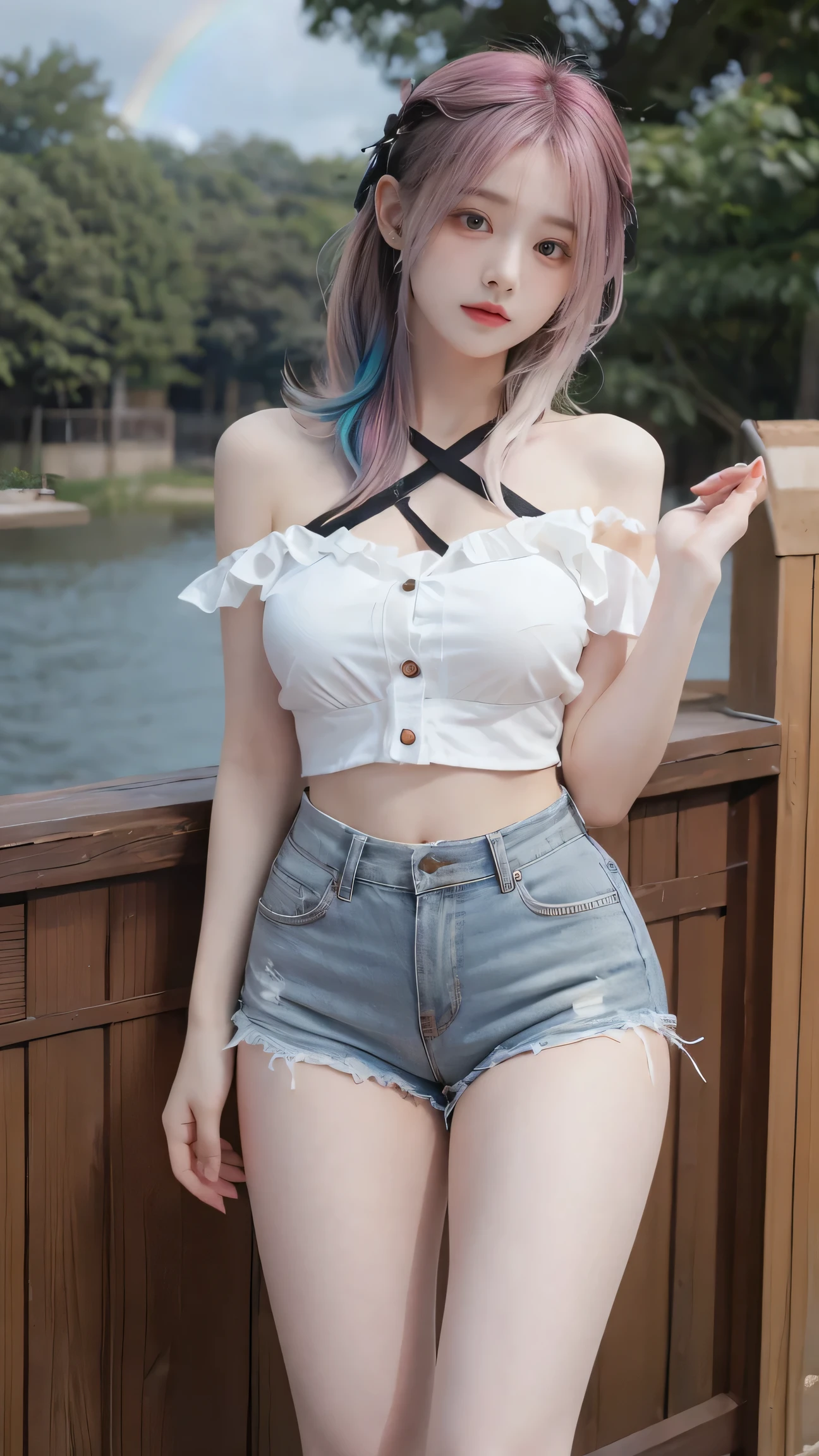  maximum resolution, 8k,  1 girl,  Looking at the viewer ,  white hair,  rainbow hair , Multicolored hair,  Big Breasts,  Dark Makeup,  sexy front color , Sexy Women's Tops,Sexy Shorts ,outdoor,