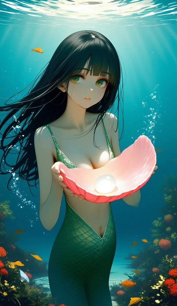 Nezuko from Kimetsu no Yaiba with pink eyes has dark brown hair and the tips are orange., diving with jellyfish , with white micro bikini, her nipples are marked
