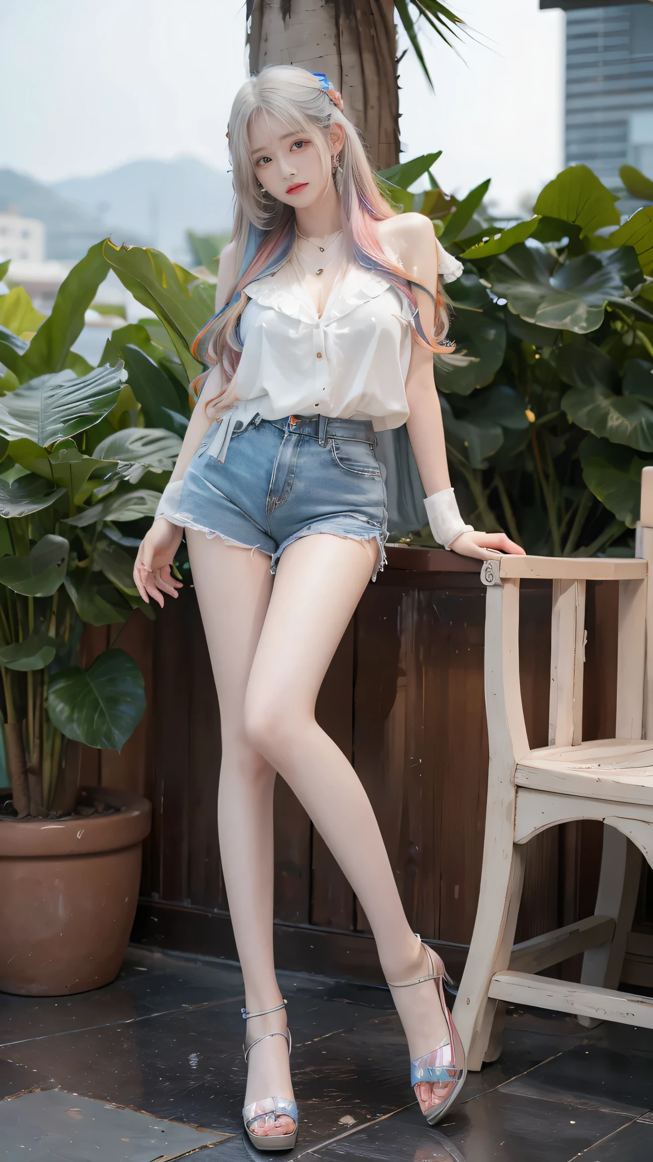   high definition , 8k,  1 girl,   Full Body Image ,stand,Look at the audience ,    Very Long Hair  ,  White hair,   rainbow hair  ,  multicolored hair , Big Breasts , Aperture F4.0,Slim legs, Sexy Gesture,necklace,earring,bangle, Women's Shirt, shorts,outdoor,