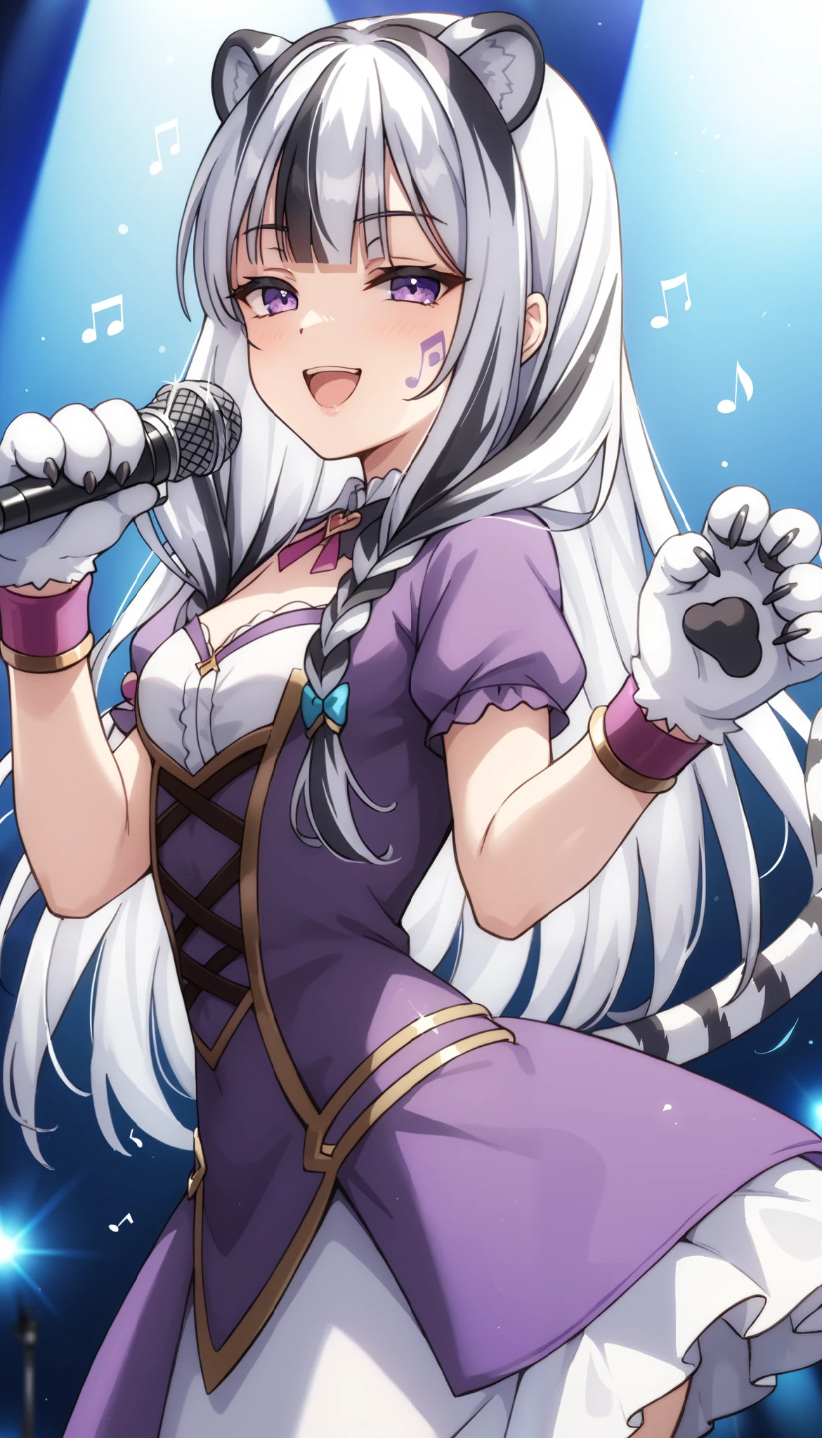 1girl, solo, long hair, white hair, black hair, multicolored hair, white tiger ears, white tiger tail, purple eyes, half-lidded eyes, holding microphone, dancing, singing, idol outfit, medieval idol outfit, purple outfit, black outfit, multicolored outfit, bracelets, music note tattoo, tattoo on cheek, crystal in microphone, paw gloves.