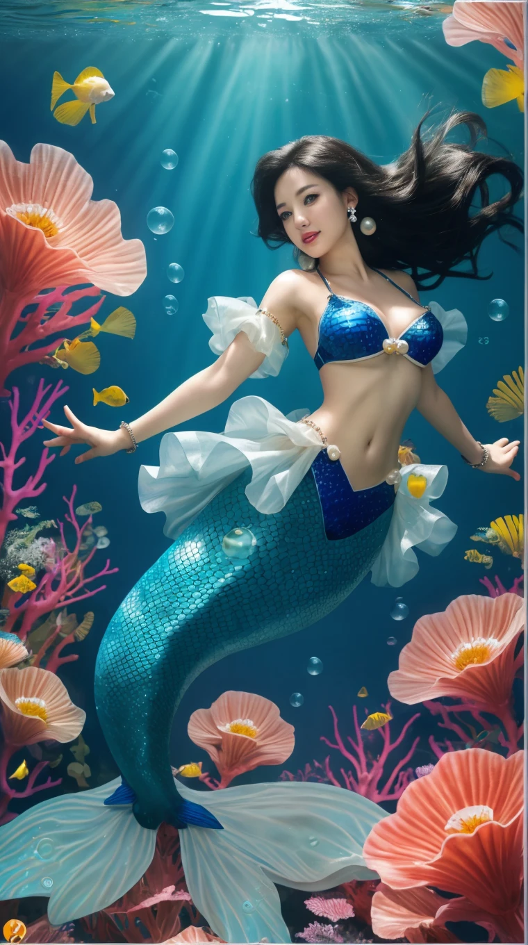 A Mermaid swimming in the clear waters . she wears a simple loincloth and a necklace of shells, The coral reefs are teeming with marine life, such as fish, turtles, sharks, and manta rays. The islands are covered with tropical forests and white sand beaches. Intricate details and vibrant colors,intricate details, hyper realistic illustration, fantastic painting ,capturing the pristine and diverse beauty of the scene.