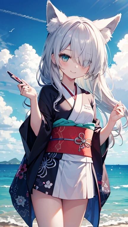 ((2D Beautiful Girl：1.5、top-quality：1.5、perfect fingers:1.1、perfect anatomia:1.1、Perfect outfit、Beautiful illustration))、cute petit girl、(transform sequence)、((cute decorative headband、A cute kimono-style leotard))、12year old、Solio、Fractal Art、baby-face、((stright long hair))、Beautiful big drooping eyes、Red in the face and embarrassed、（fullllbody）、((1人))、Blue sky and sandy beach in the background、