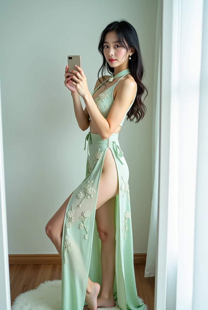 最high quality、high quality、best image quality、8K、最High resolution、High resolution、最high quality、masterpiece、realistic pictures、RAW photo、realistic atmosphere、(detailed face)、(fine hands、thumb1reference4)、(beauty of japan )、very nice face、cute face、((beautiful japanese girl))、(woman), ((18 year old beautiful girl))、(glossy black hair)、(straight long hair)、(ponytail)、whole body、slim style、(shiny skin)、(Fair skin, Glossy skin)、real human skin、realistic human body structure、perfect body, perfect face, perfect hands, perfect fingers, perfect lips, perfect eyes,perfect teeth、perfect background, perfect atmosphere, soft natural light、samurai kimono、maiko kimono、servant、geisha kimono、japanese kimono、Furisode、kimono、Yukata、japanese traditional、((There is a very large dressing table in the room.))、((Transparent see-through(flowery kimono、Hakama with side slits))、((standing front of mirror(Hold your smartphone、Girl taking a selfie of herself in the mirror))