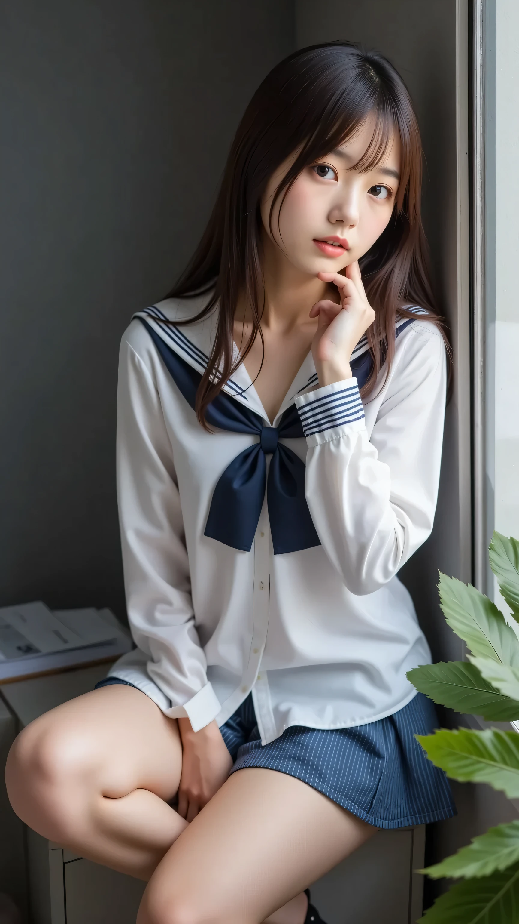 A confident short -yeld wo in a simple high school uniform ,girl, casually leaning against a wall. Her posture is relaxed, and she gazes directly at the camera with a calm yet engaging expression. Her long hair falls naturally around her shoulders, and the lighting softly highlights her features, creating a warm and approachable atmosphere. The background is minimal, emphasizing her presence and the simplicity of her outfit. The scene exudes a sense of confidence and ease, with a focus on natural beauty and comfort.(from direct above shot).
no distortions, no blurry details, no unrealistic proportions, no background clutter, no exaggerated features, no darkness or low contrast, no unnatural poses, no extra or missing limbs, no extra or missing fingers, no body or face distortion, no multiple hands, no deformed hands, no extra hands, no multiple hands or feet, no hands with more than five fingers, no strange shadows, no awkward positions, no unbalanced composition, no stiff posture, no underdeveloped anatomy